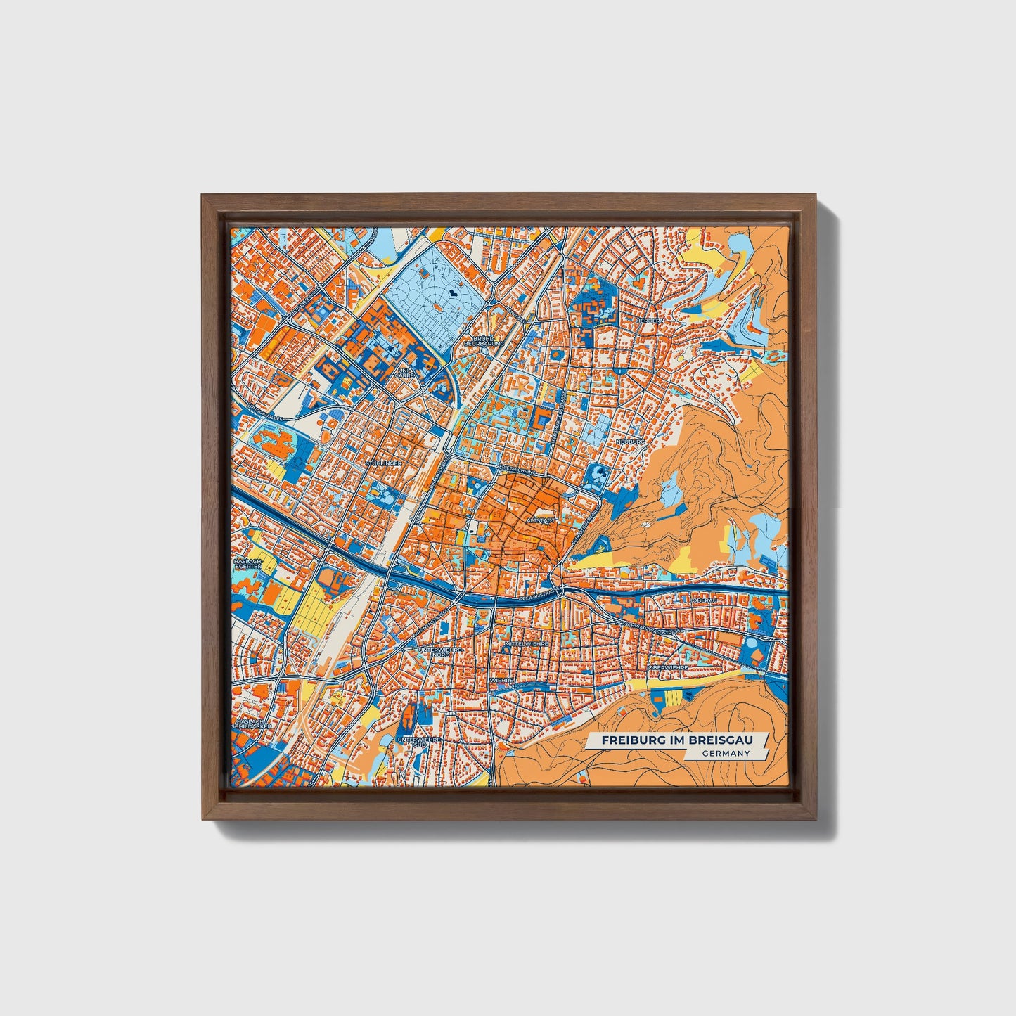 Freiburg Im Breisgau Germany Colorful City Map Canvas Print • Dark Wooden Framed