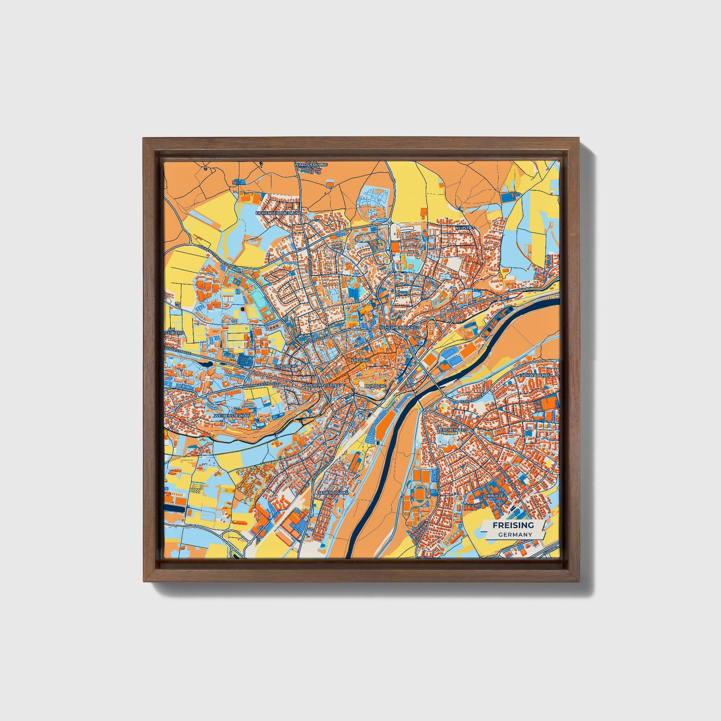Freising Germany Colorful City Map Canvas Print • Dark Wooden Framed