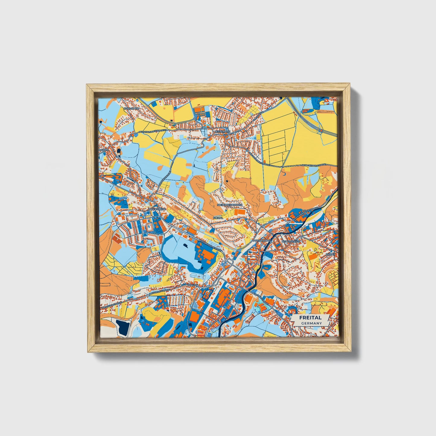 Freital Germany Colorful City Map Canvas Print • Natural Wooden Framed