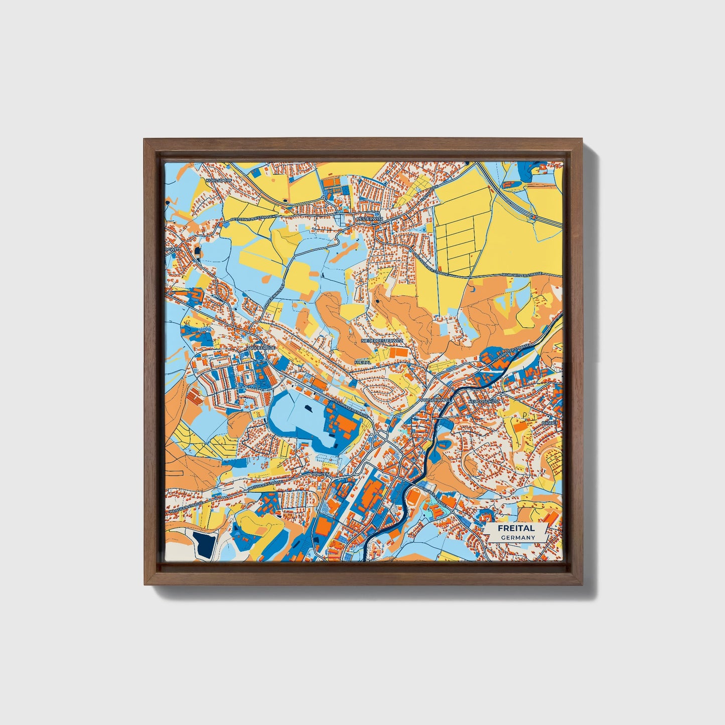 Freital Germany Colorful City Map Canvas Print • Dark Wooden Framed
