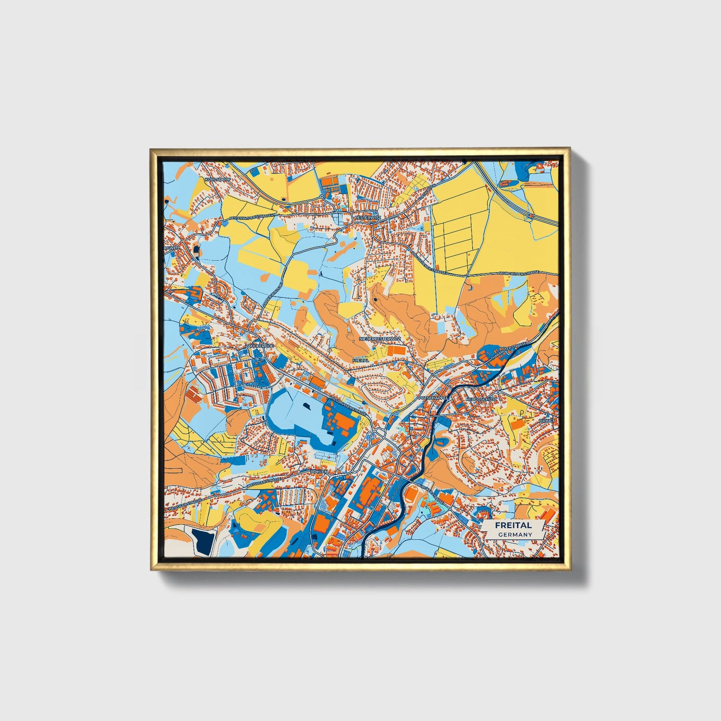 Freital Germany Colorful City Map Canvas Print • Gold Framed