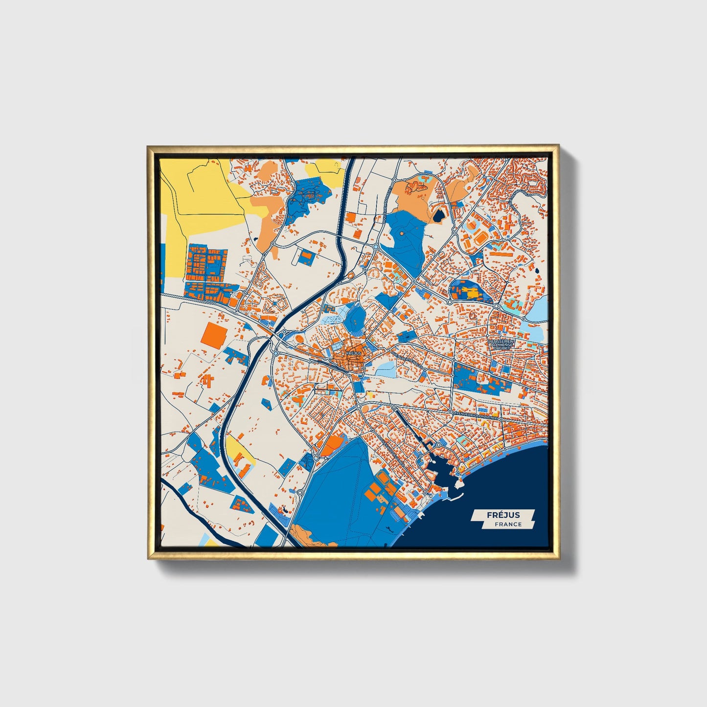 Fréjus France Colorful City Map Canvas Print • Gold Framed