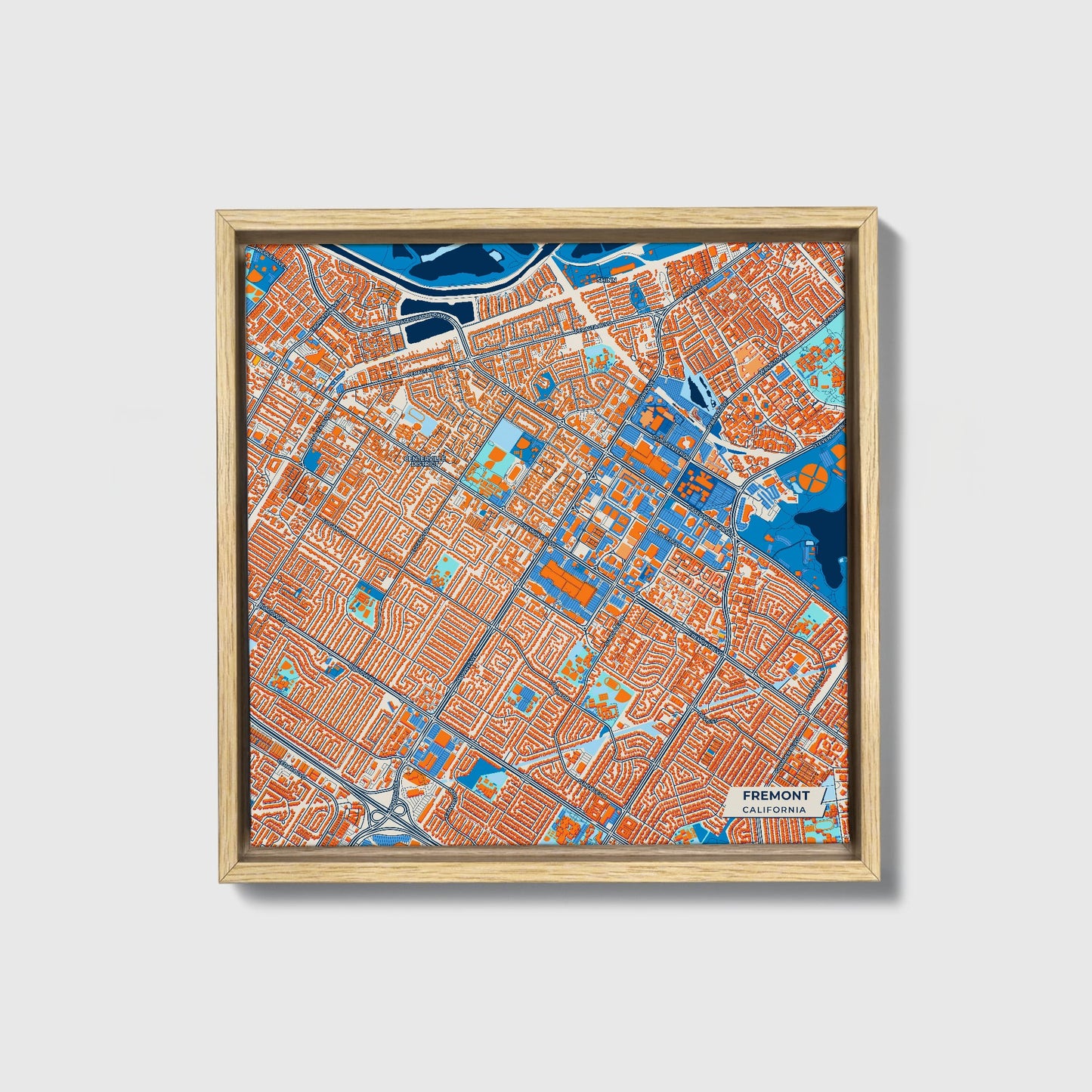 Fremont California Colorful City Map Canvas Print • Natural Wooden Framed