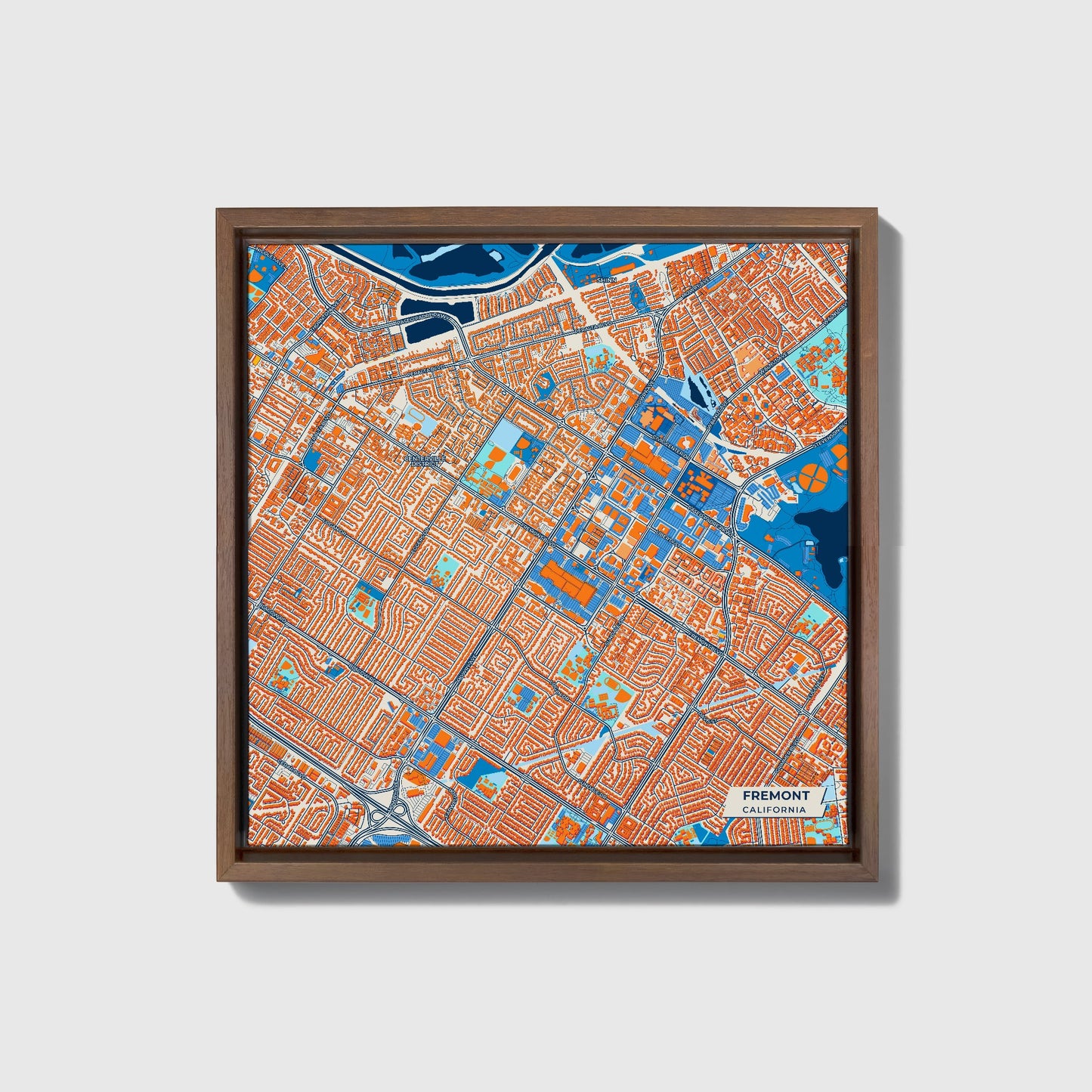 Fremont California Colorful City Map Canvas Print • Dark Wooden Framed