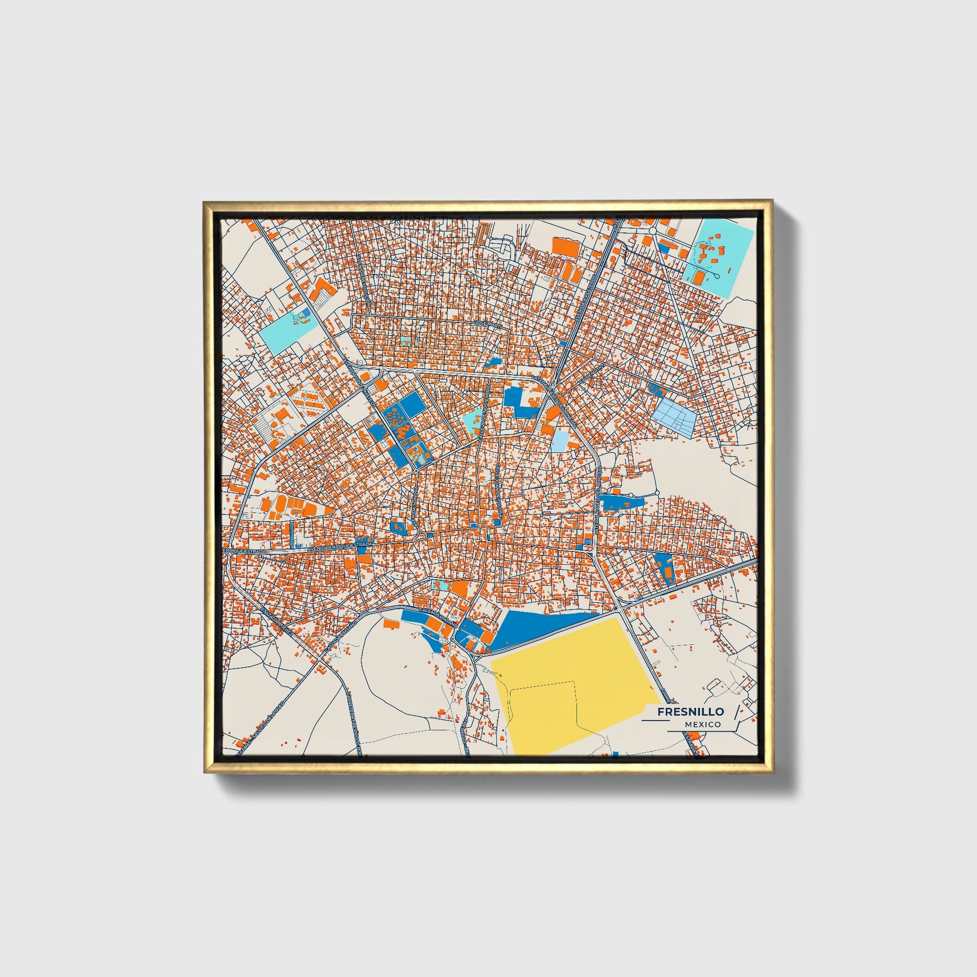 Fresnillo Mexico Colorful City Map Canvas Print • Gold Framed