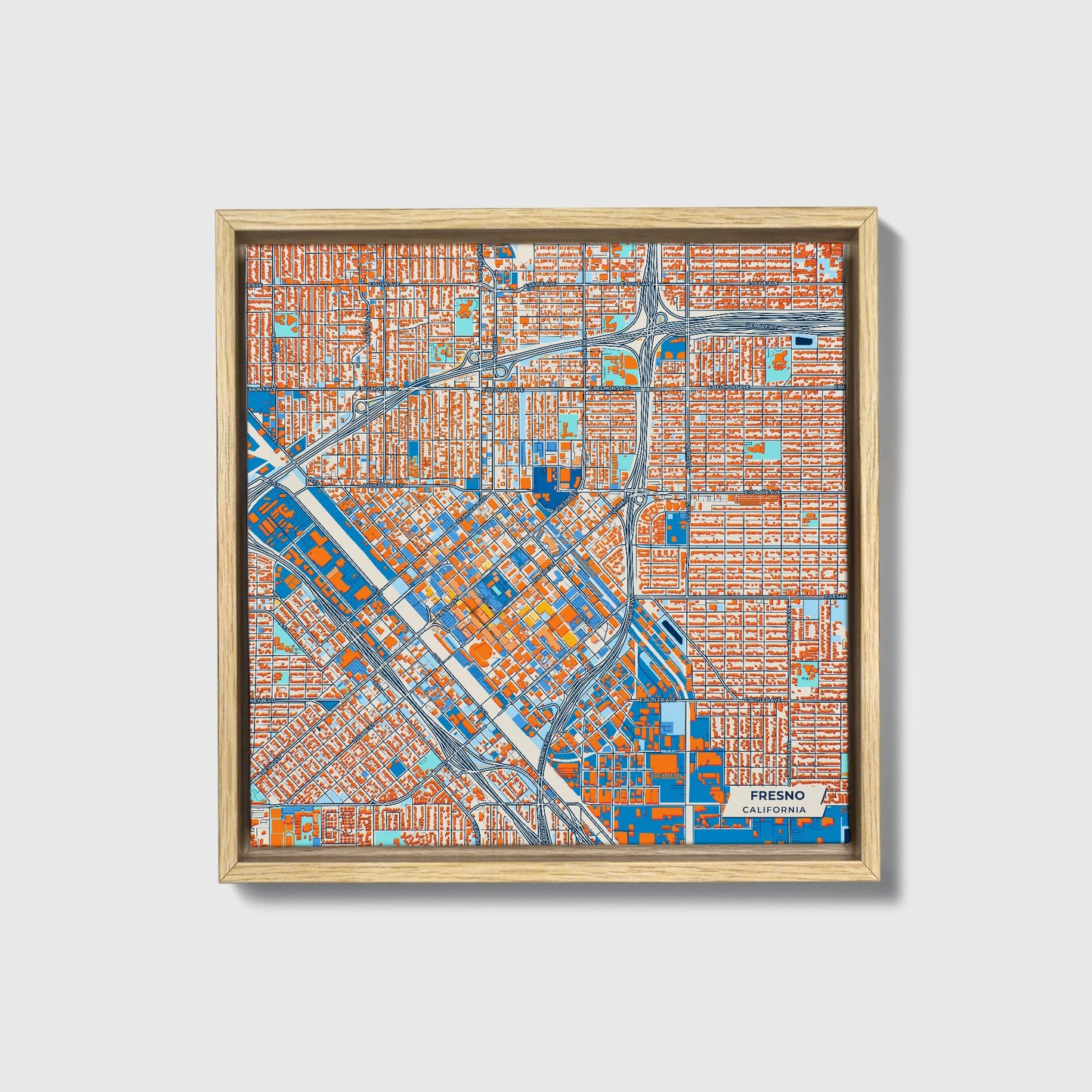 Fresno California Colorful City Map Canvas Print • Natural Wooden Framed