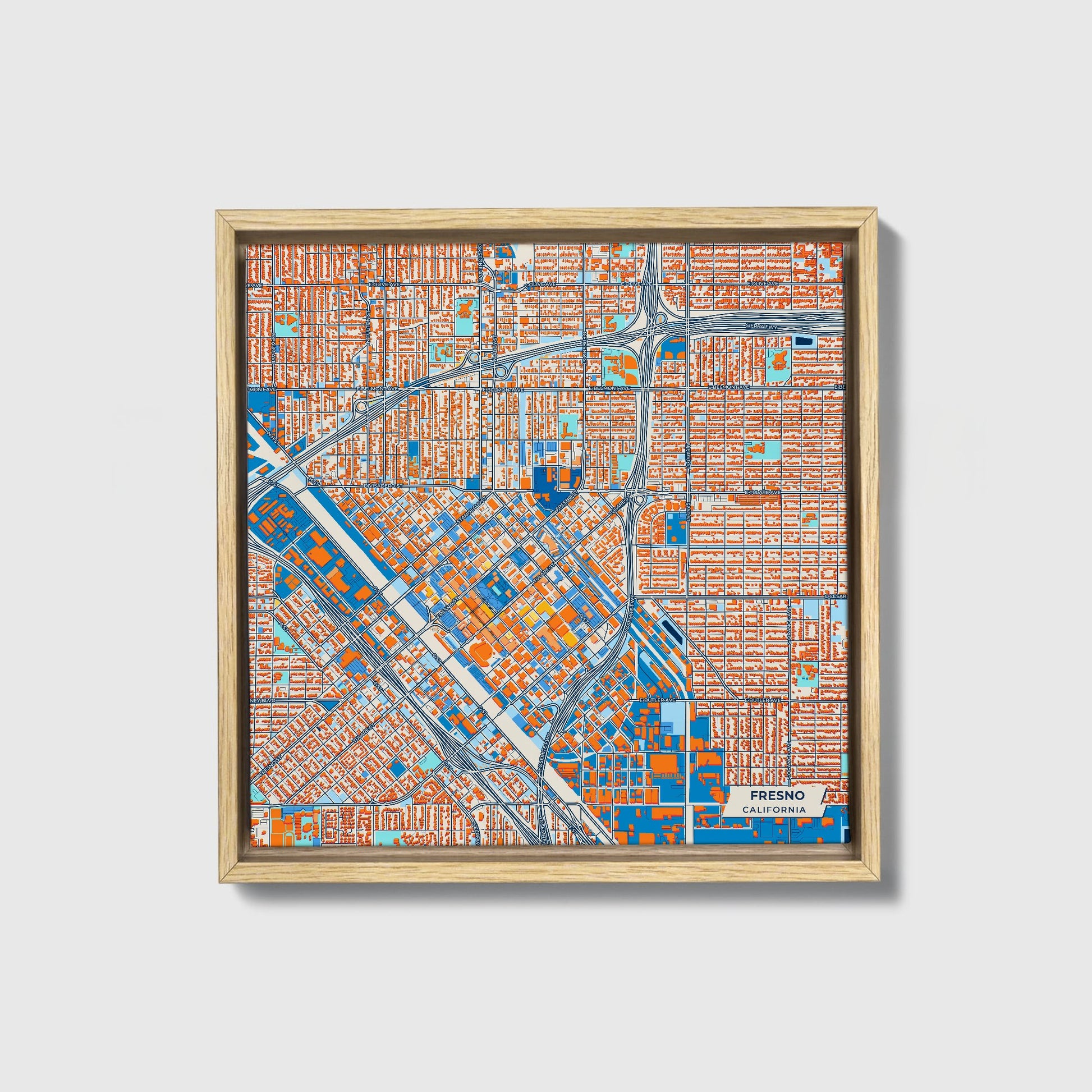 Fresno California Colorful City Map Canvas Print • Natural Wooden Framed