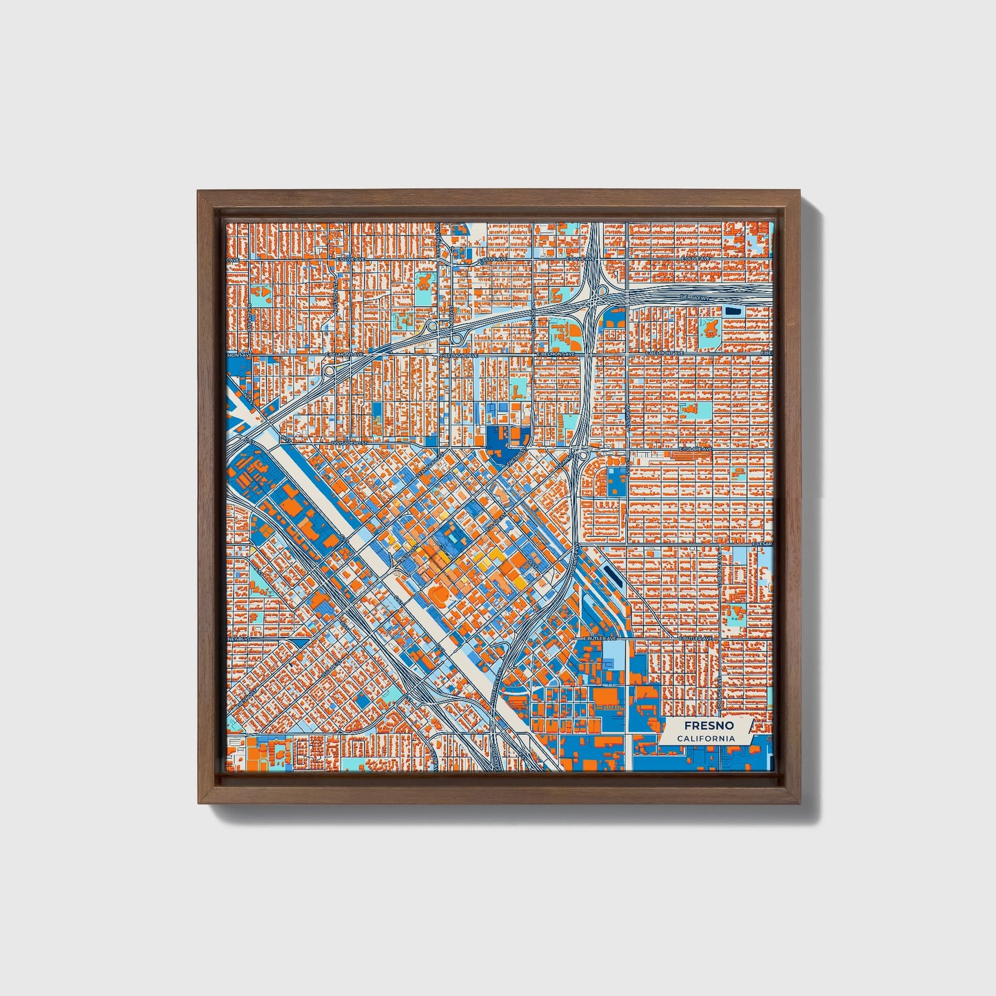 Fresno California Colorful City Map Canvas Print • Dark Wooden Framed