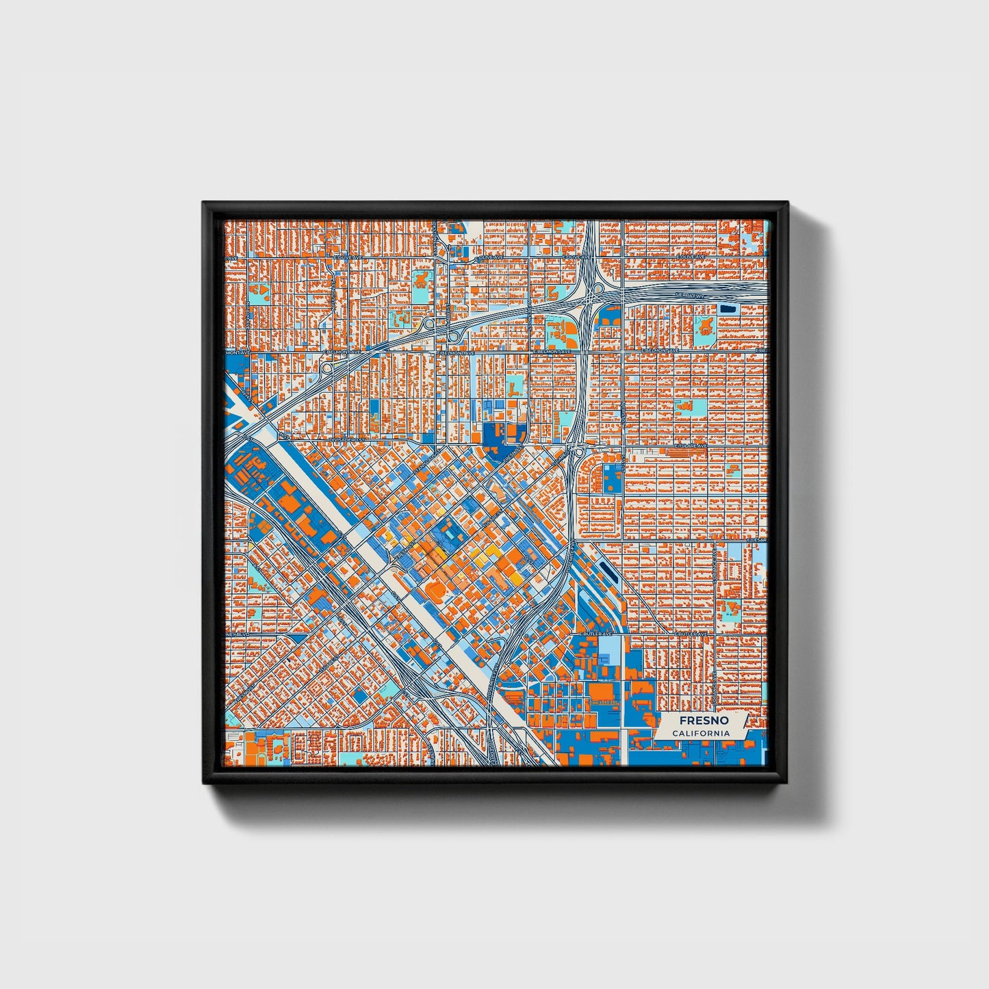 Fresno California Colorful City Map Canvas Print • Black Framed