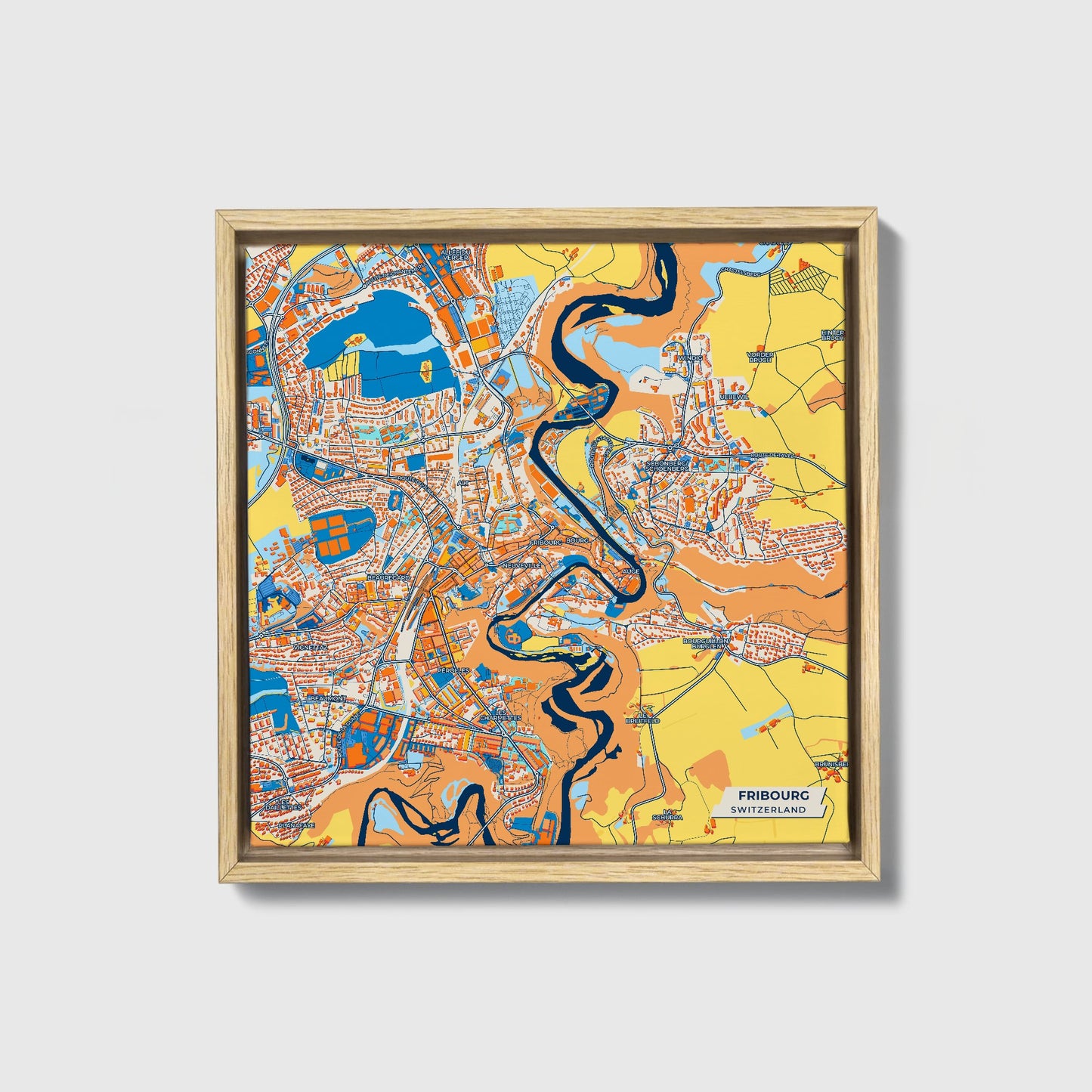 Fribourg Switzerland Colorful City Map Canvas Print • Natural Wooden Framed