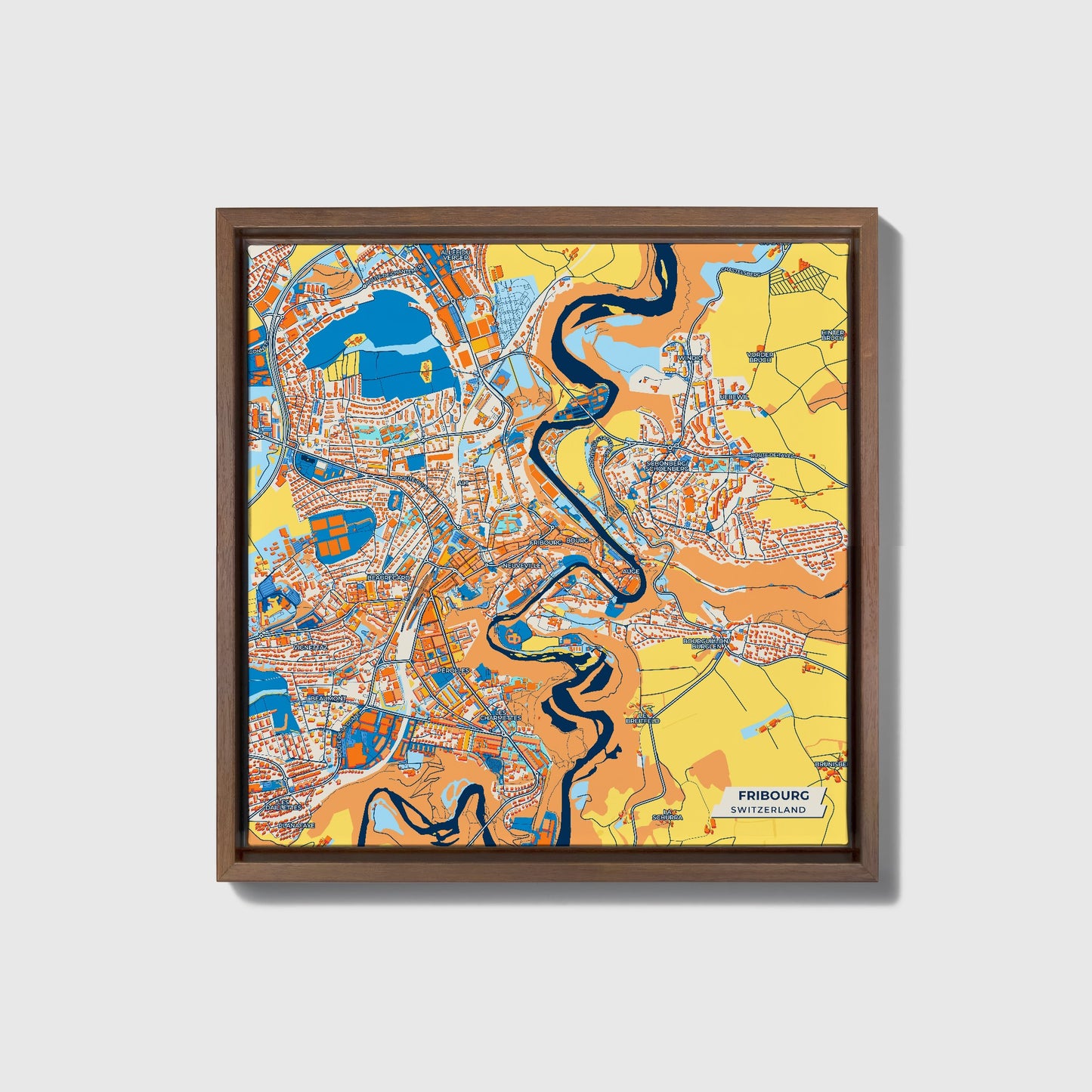 Fribourg Switzerland Colorful City Map Canvas Print • Dark Wooden Framed
