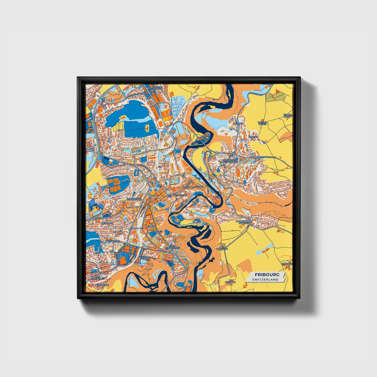 Fribourg Switzerland Colorful City Map Canvas Print • Black Framed