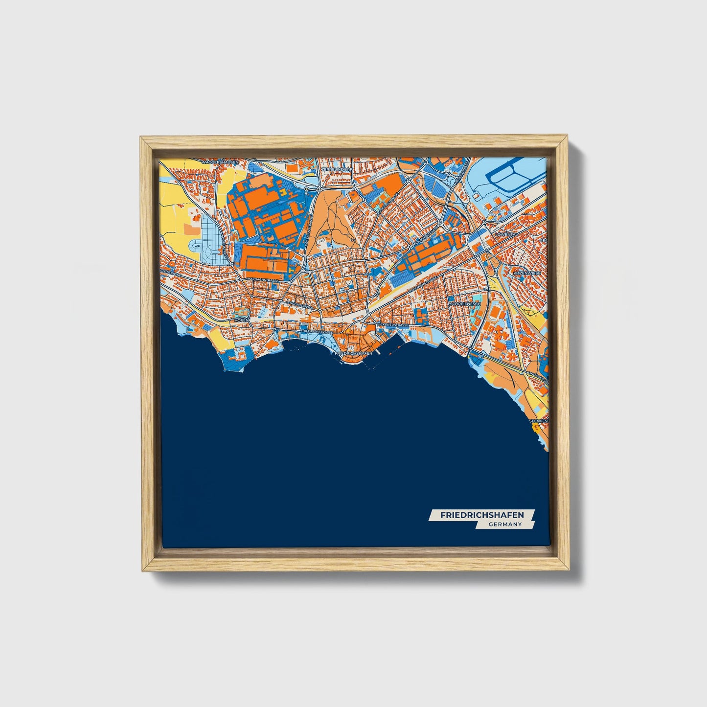 Friedrichshafen Germany Colorful City Map Canvas Print • Natural Wooden Framed