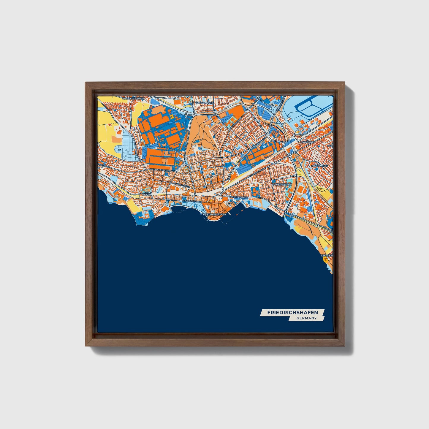 Friedrichshafen Germany Colorful City Map Canvas Print • Dark Wooden Framed