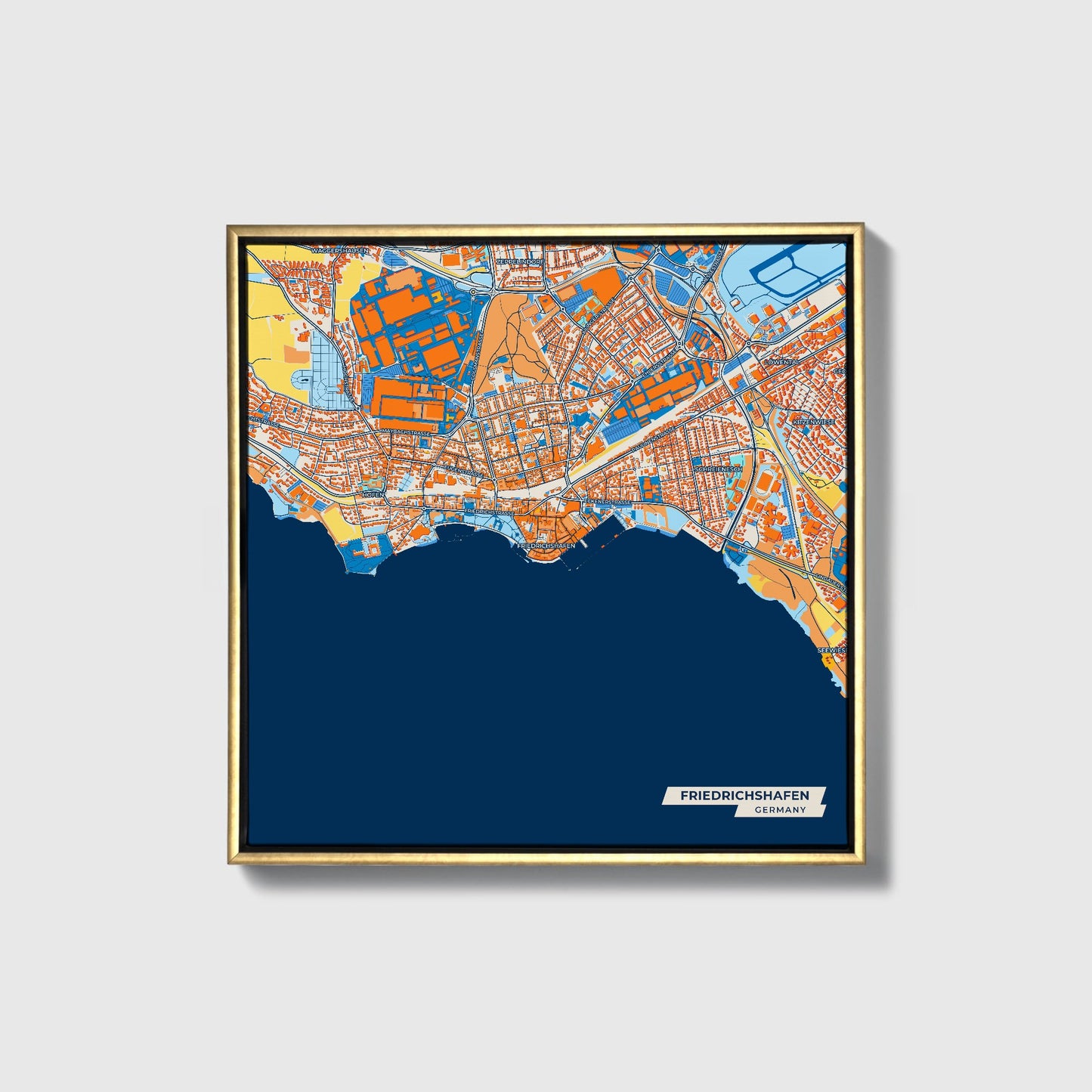 Friedrichshafen Germany Colorful City Map Canvas Print • Gold Framed