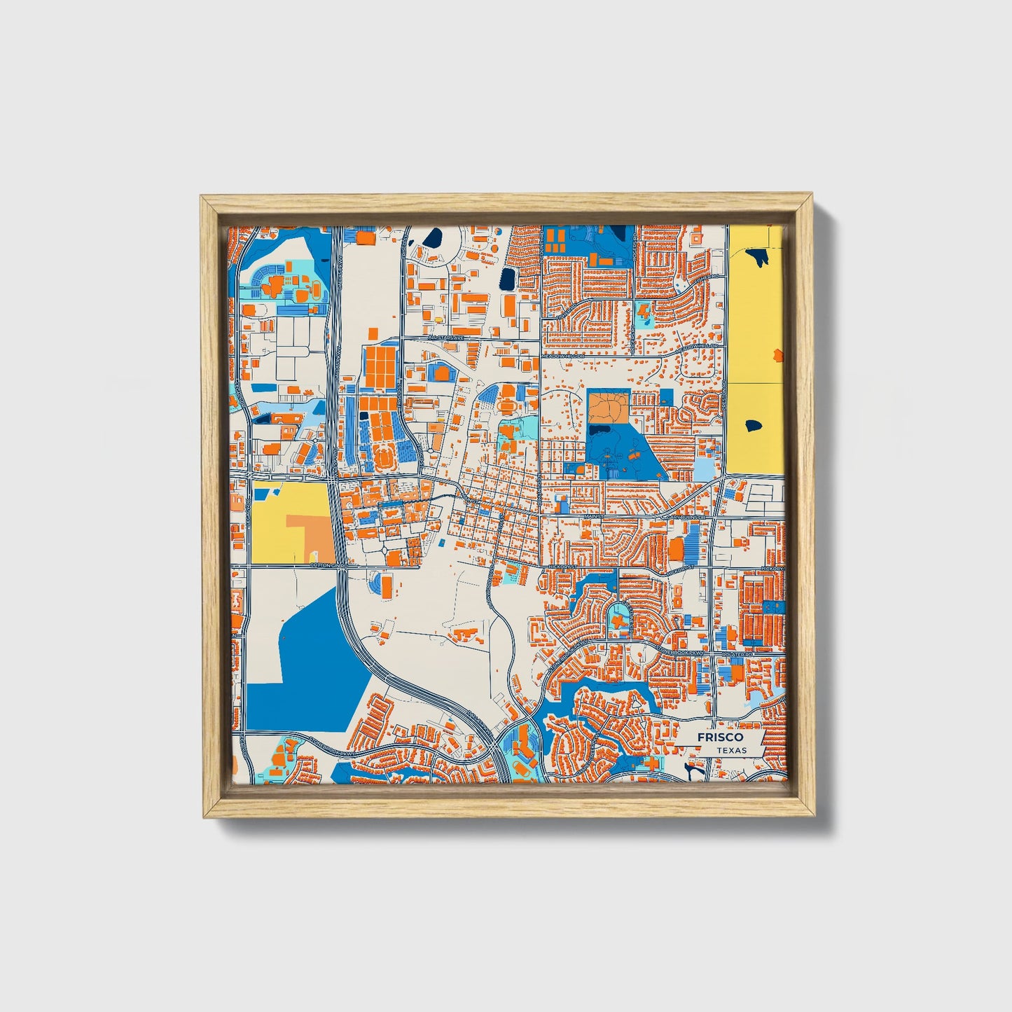 Frisco Texas Colorful City Map Canvas Print • Natural Wooden Framed