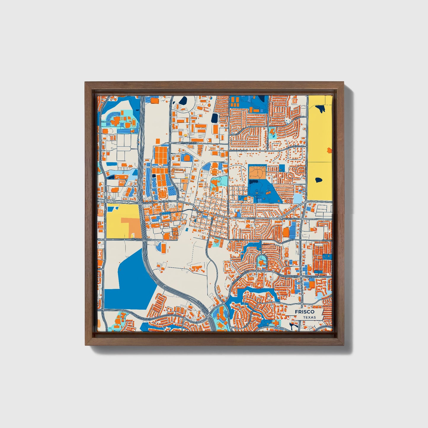 Frisco Texas Colorful City Map Canvas Print • Dark Wooden Framed