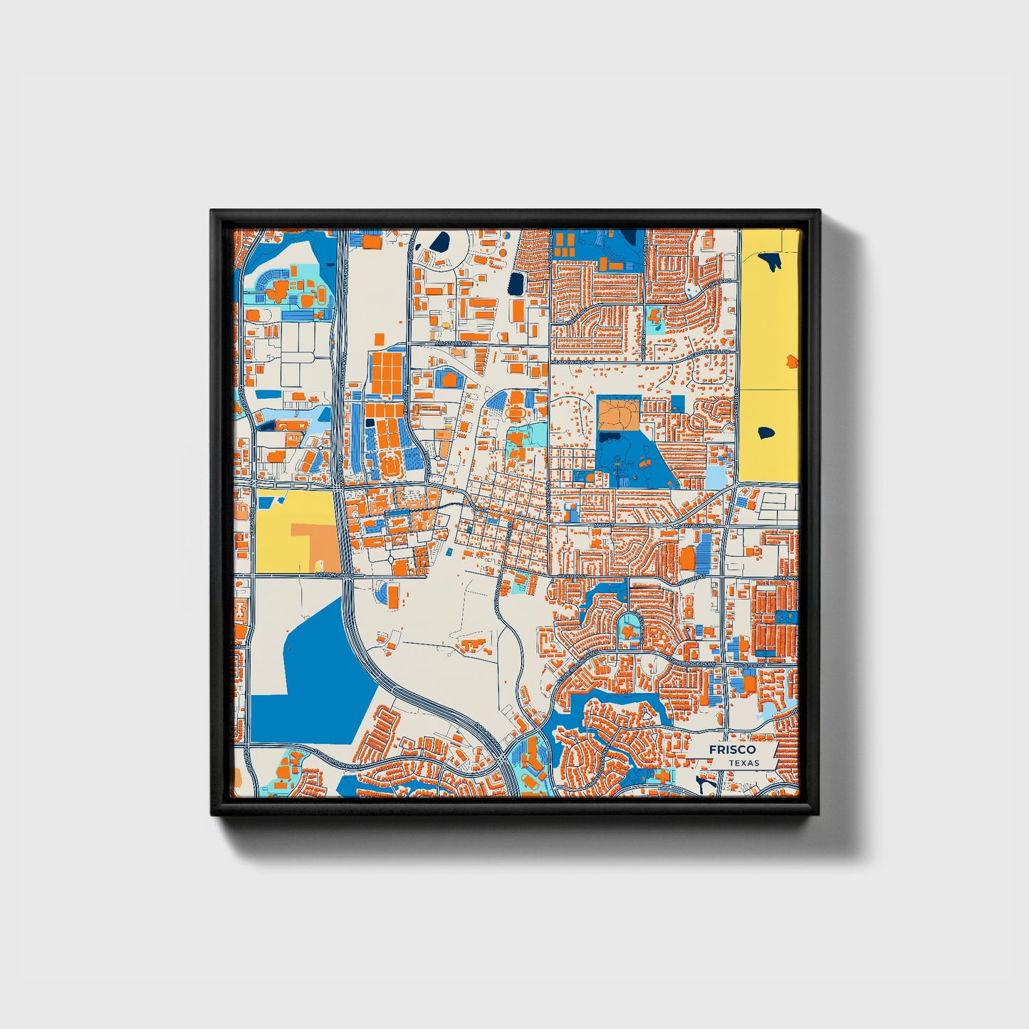 Frisco Texas Colorful City Map Canvas Print • Black Framed