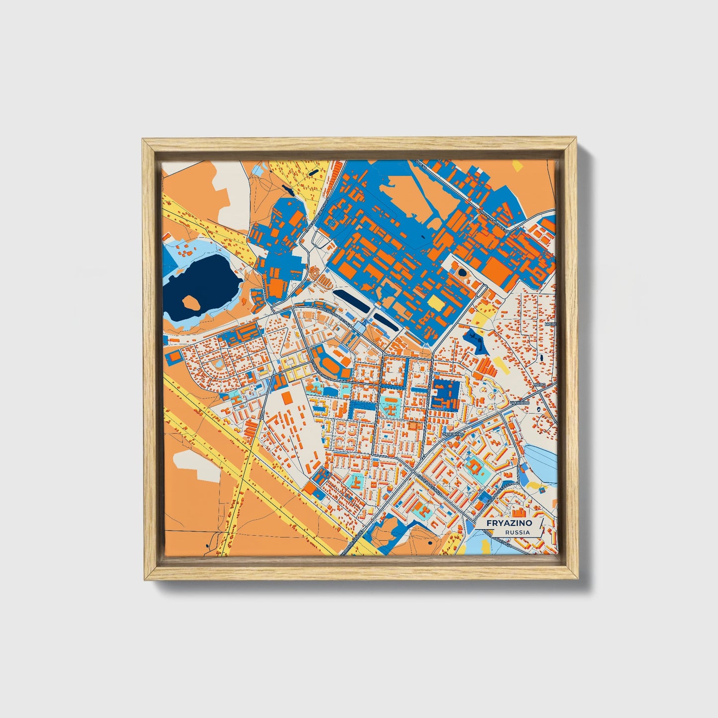 Фрязино Russia Colorful City Map Canvas Print • Natural Wooden Framed