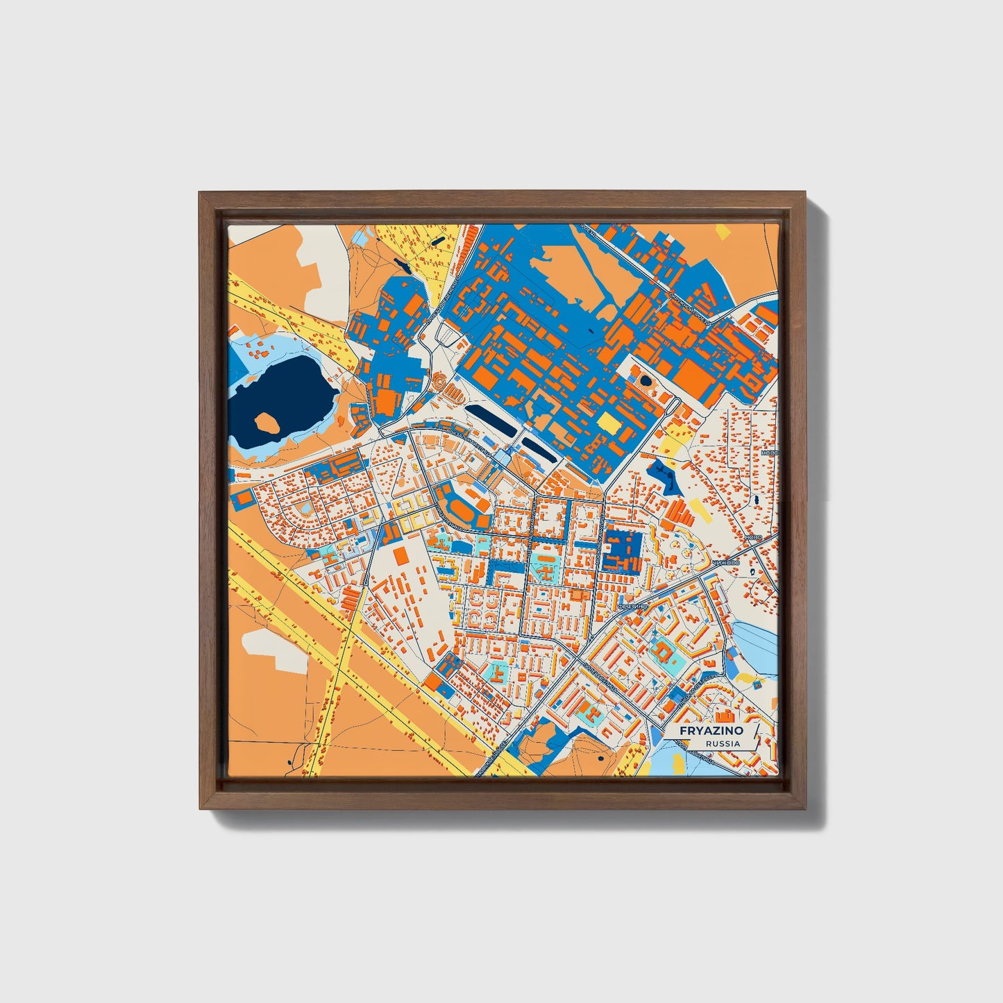 Фрязино Russia Colorful City Map Canvas Print • Dark Wooden Framed