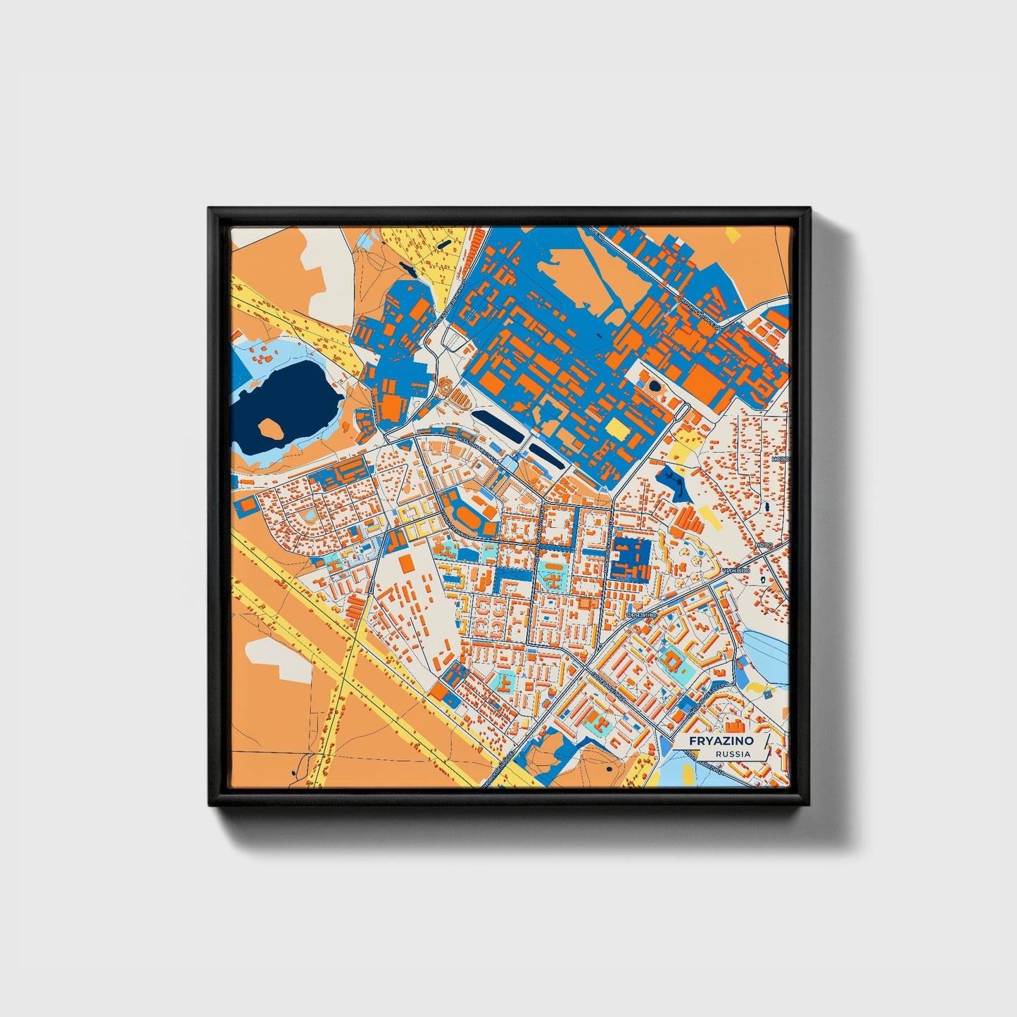 Фрязино Russia Colorful City Map Canvas Print • Black Framed