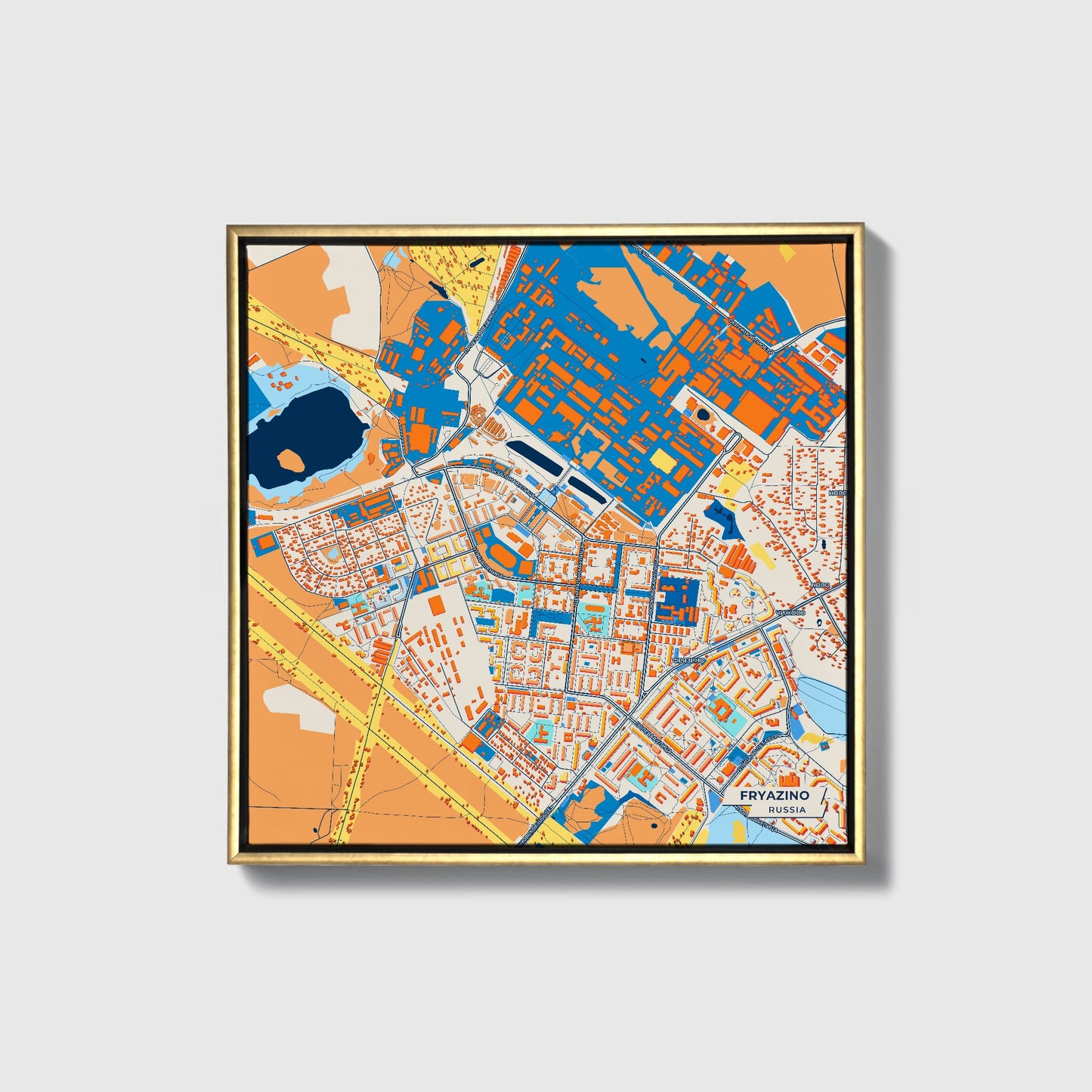 Фрязино Russia Colorful City Map Canvas Print • Gold Framed