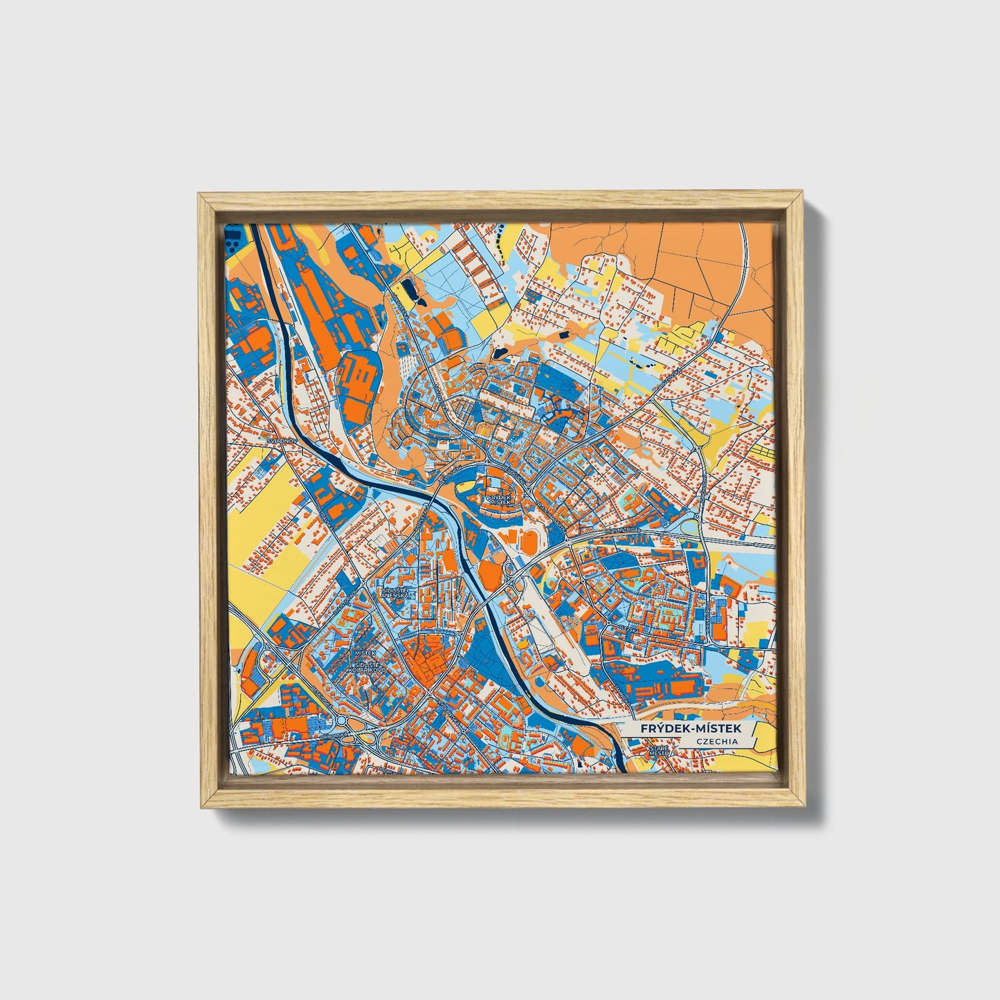 Frýdek-Místek Czechia Colorful City Map Canvas Print • Natural Wooden Framed