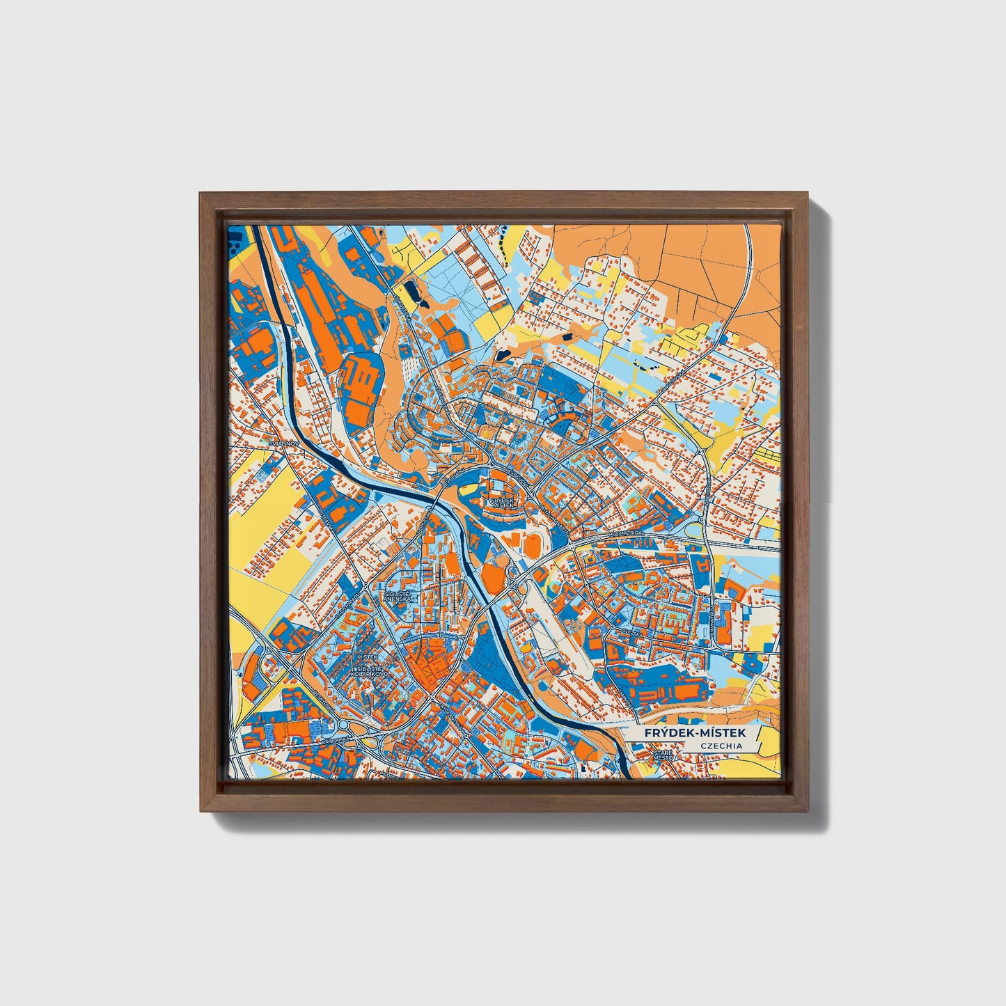 Frýdek-Místek Czechia Colorful City Map Canvas Print • Dark Wooden Framed