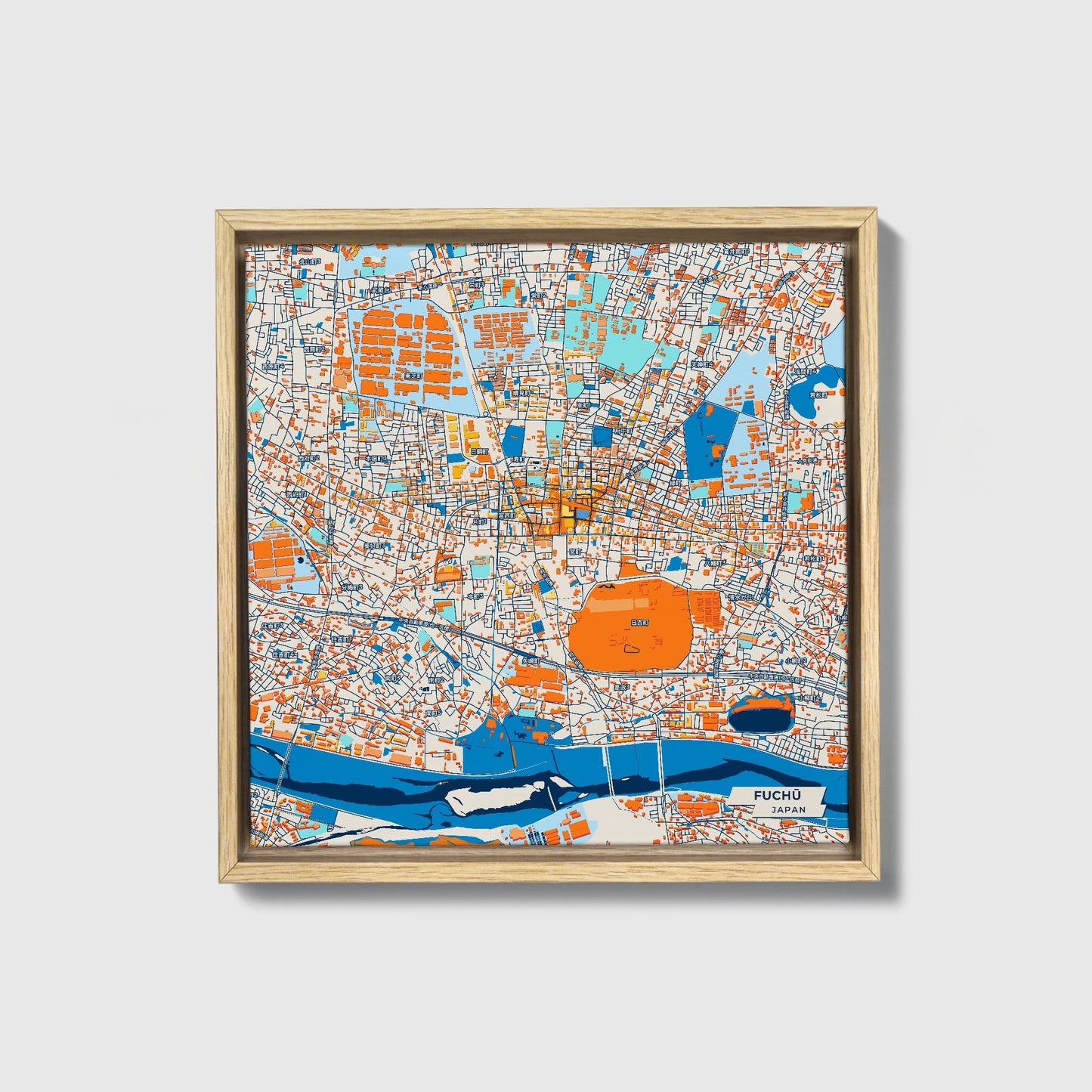 Fuchū Japan Colorful City Map Canvas Print • Natural Wooden Framed