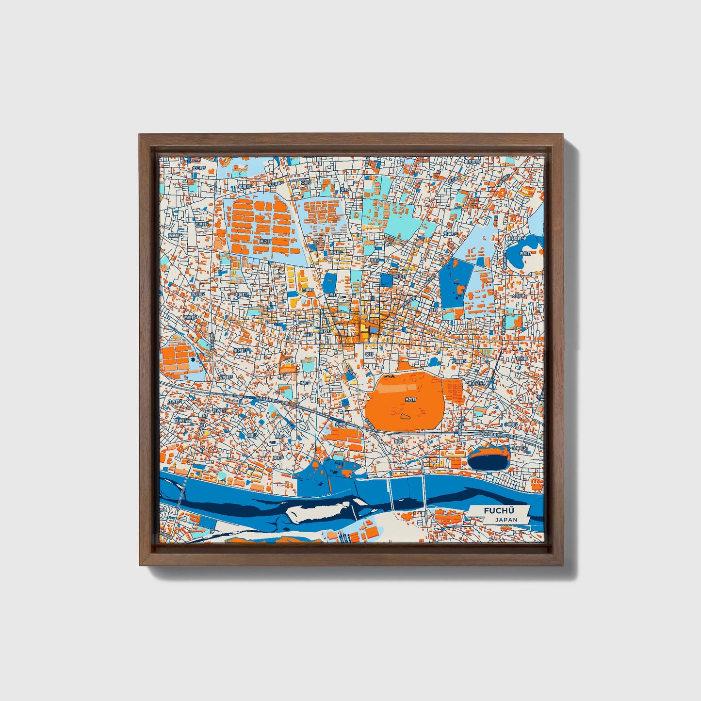 Fuchū Japan Colorful City Map Canvas Print • Dark Wooden Framed