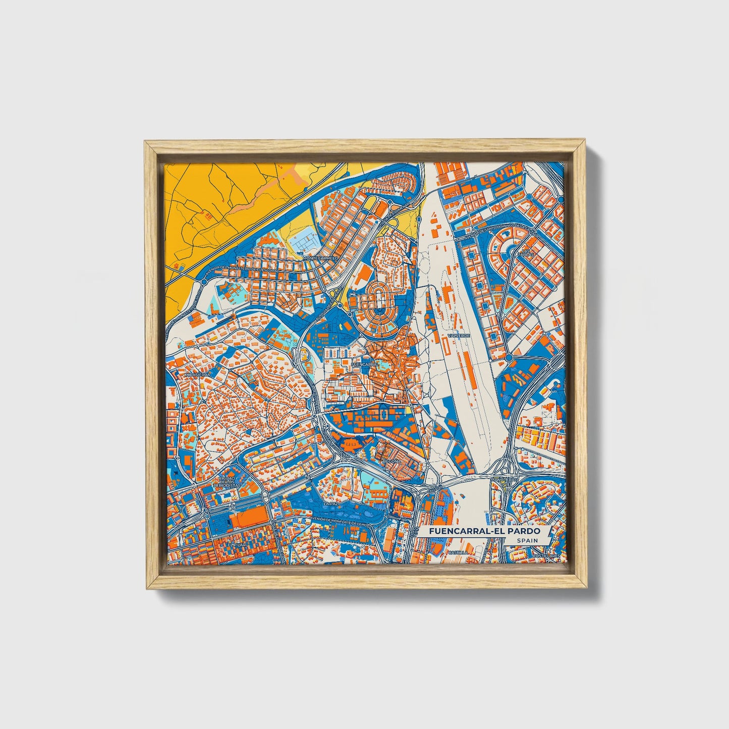 Fuencarral-El Pardo Spain Colorful City Map Canvas Print • Natural Wooden Framed
