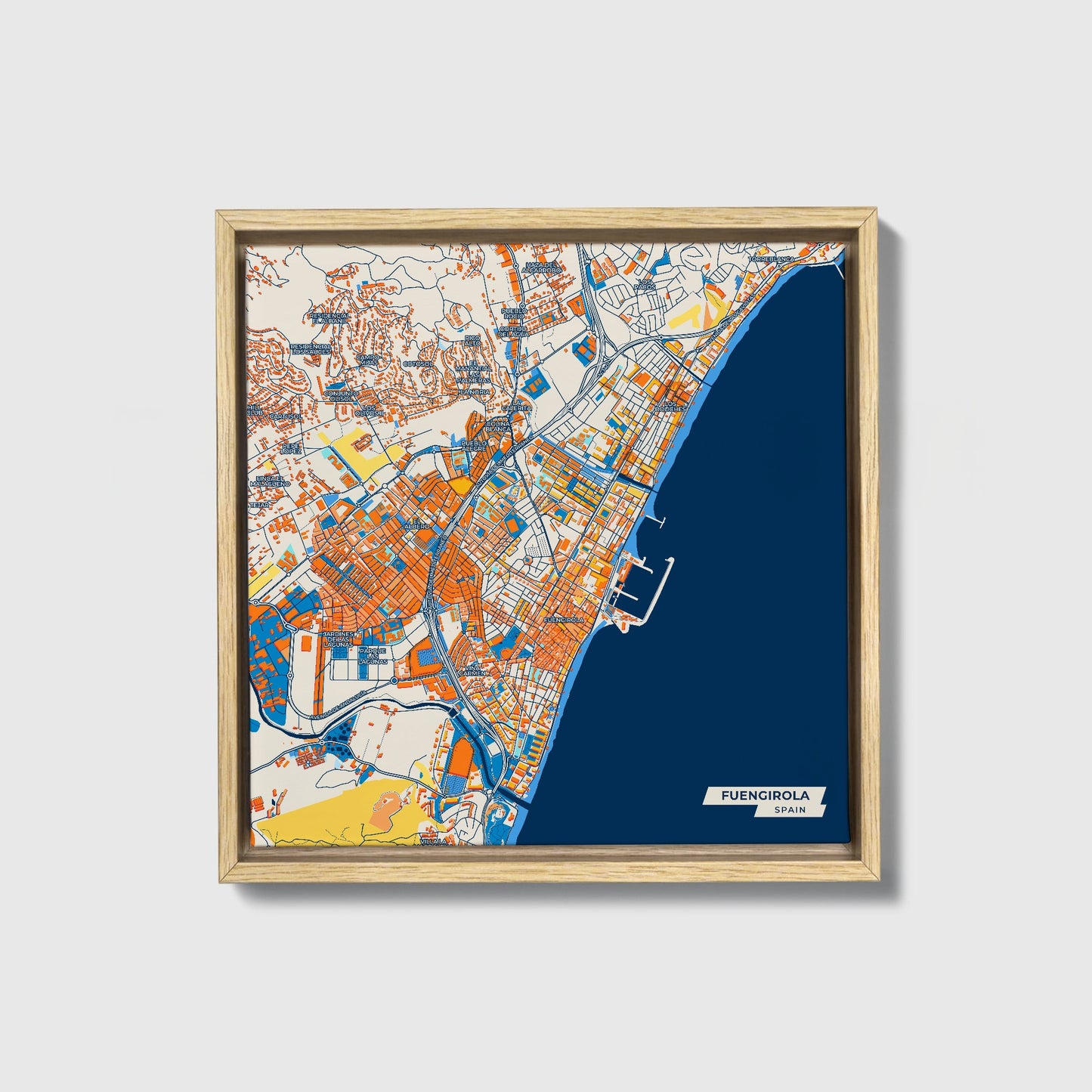 Fuengirola Spain Colorful City Map Canvas Print • Natural Wooden Framed