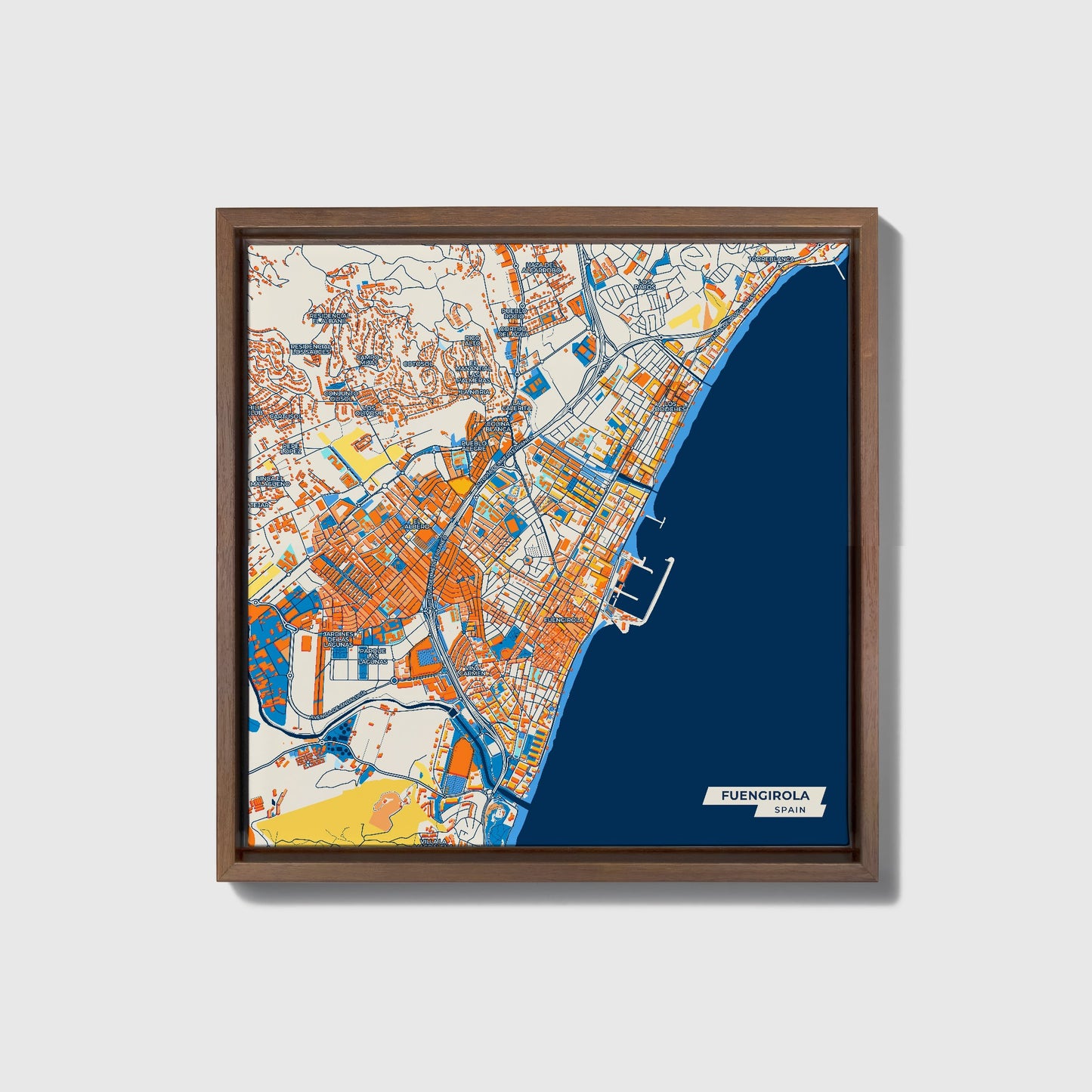 Fuengirola Spain Colorful City Map Canvas Print • Dark Wooden Framed