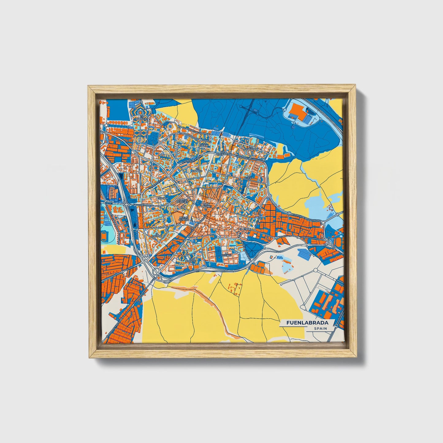 Fuenlabrada Spain Colorful City Map Canvas Print • Natural Wooden Framed