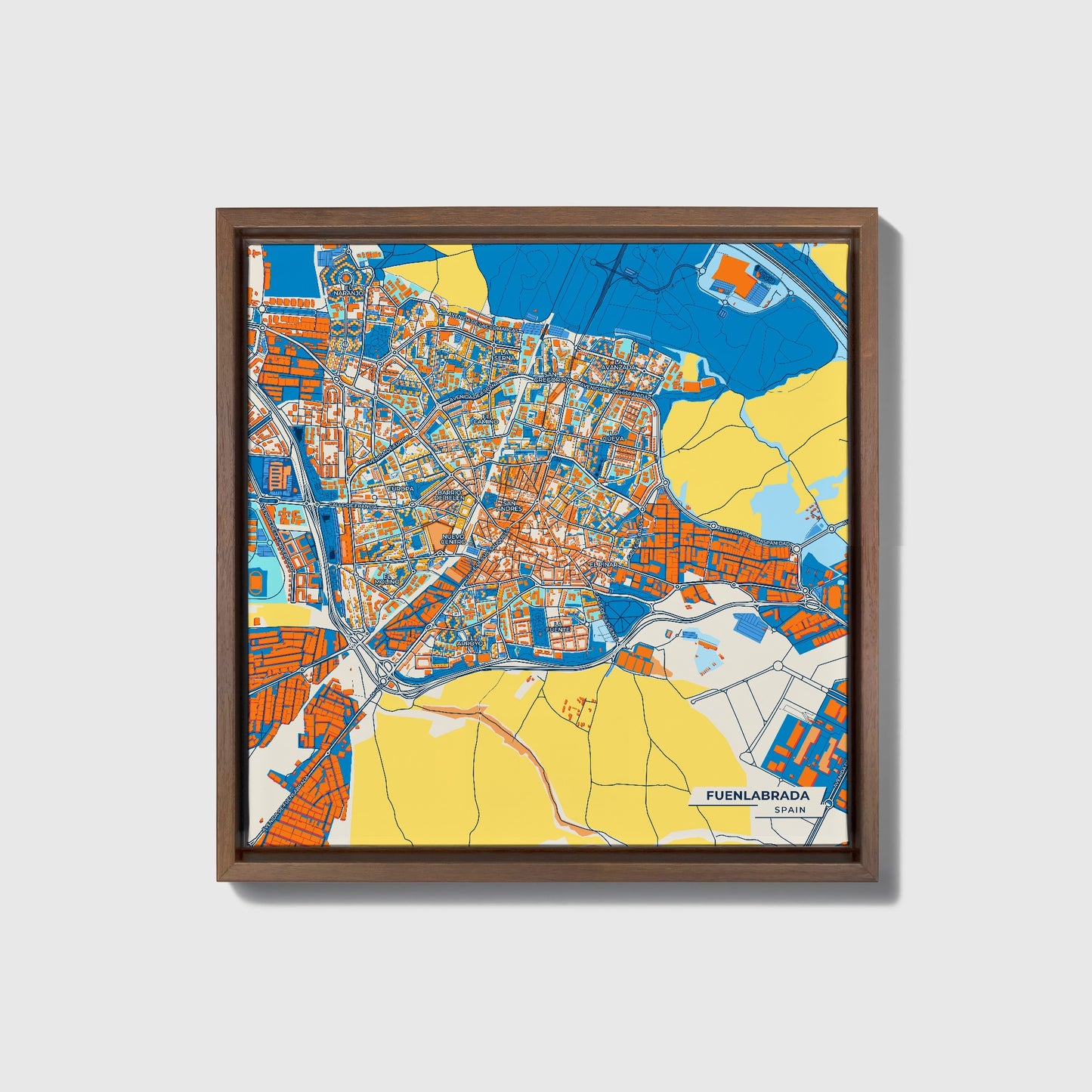 Fuenlabrada Spain Colorful City Map Canvas Print • Dark Wooden Framed
