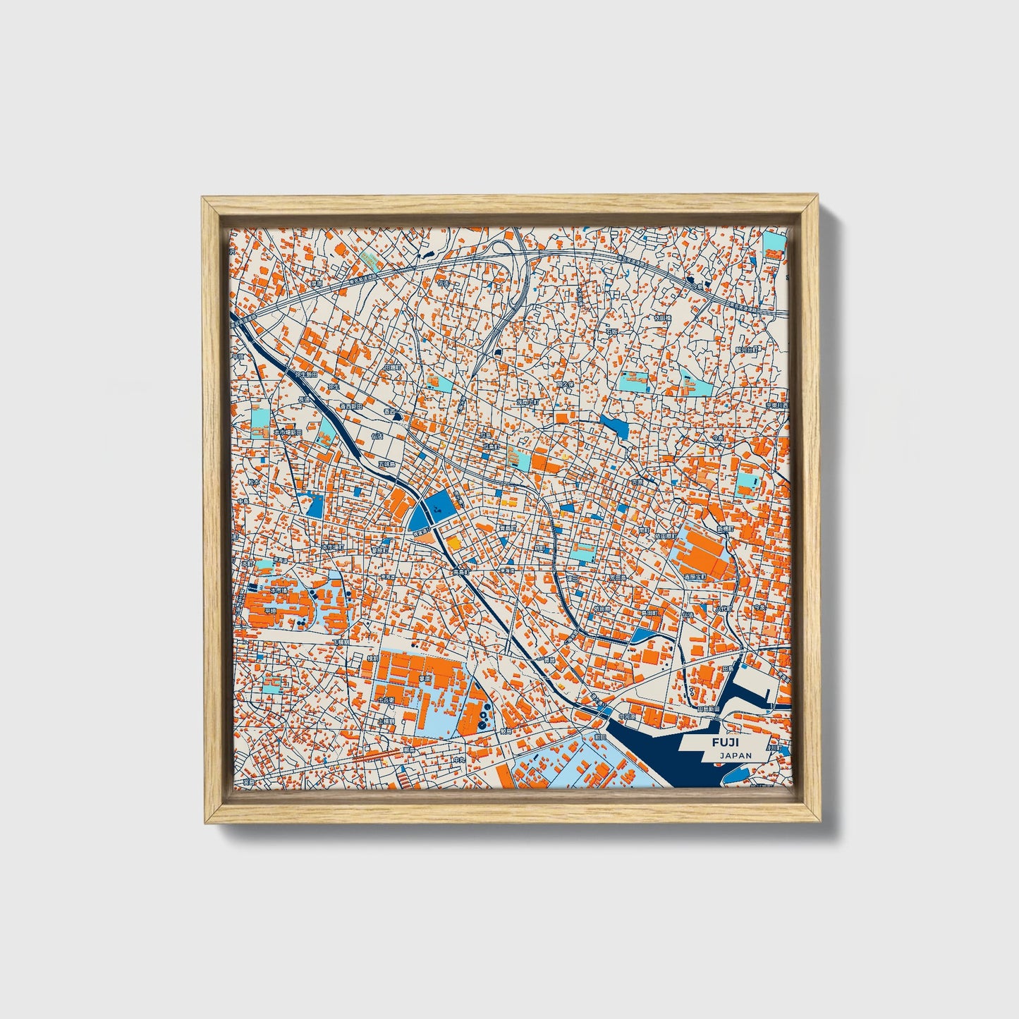Fuji Japan Colorful City Map Canvas Print • Natural Wooden Framed