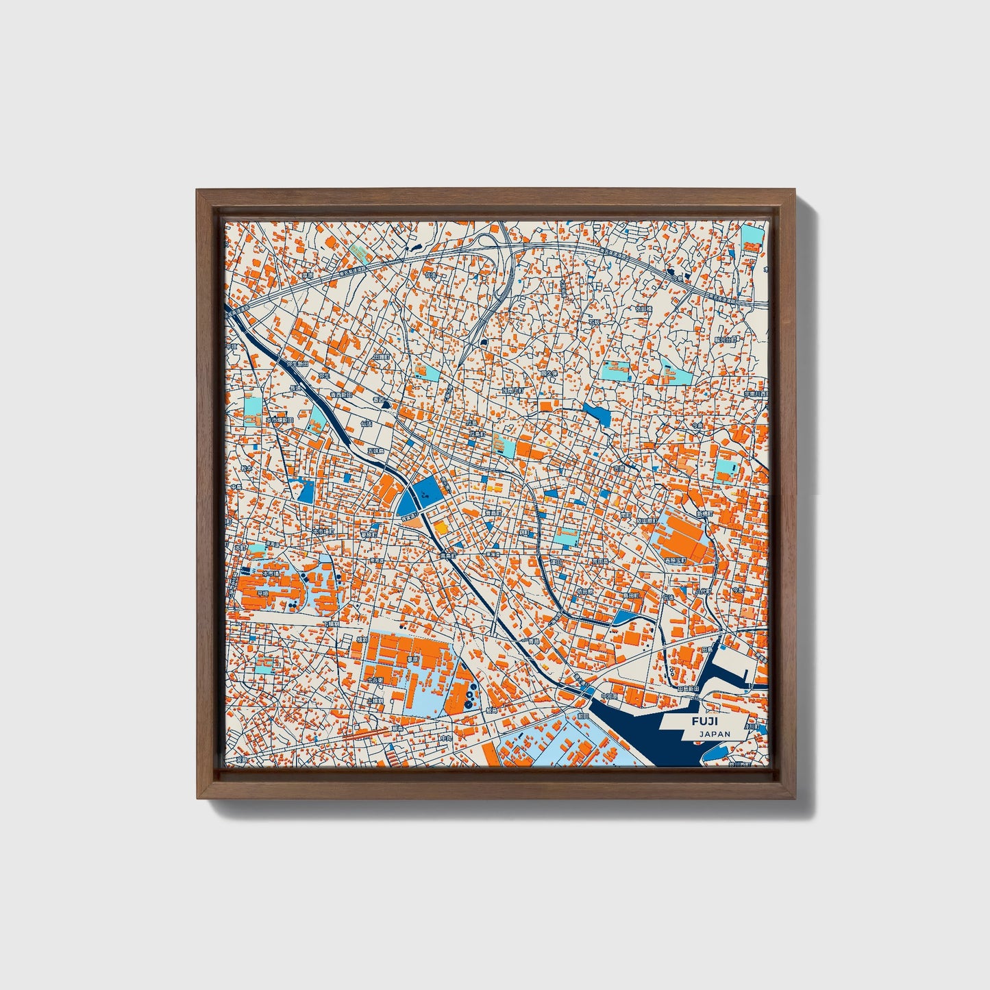 Fuji Japan Colorful City Map Canvas Print • Dark Wooden Framed