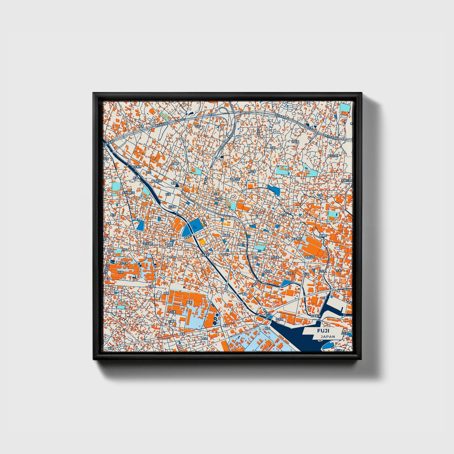 Fuji Japan Colorful City Map Canvas Print • Black Framed