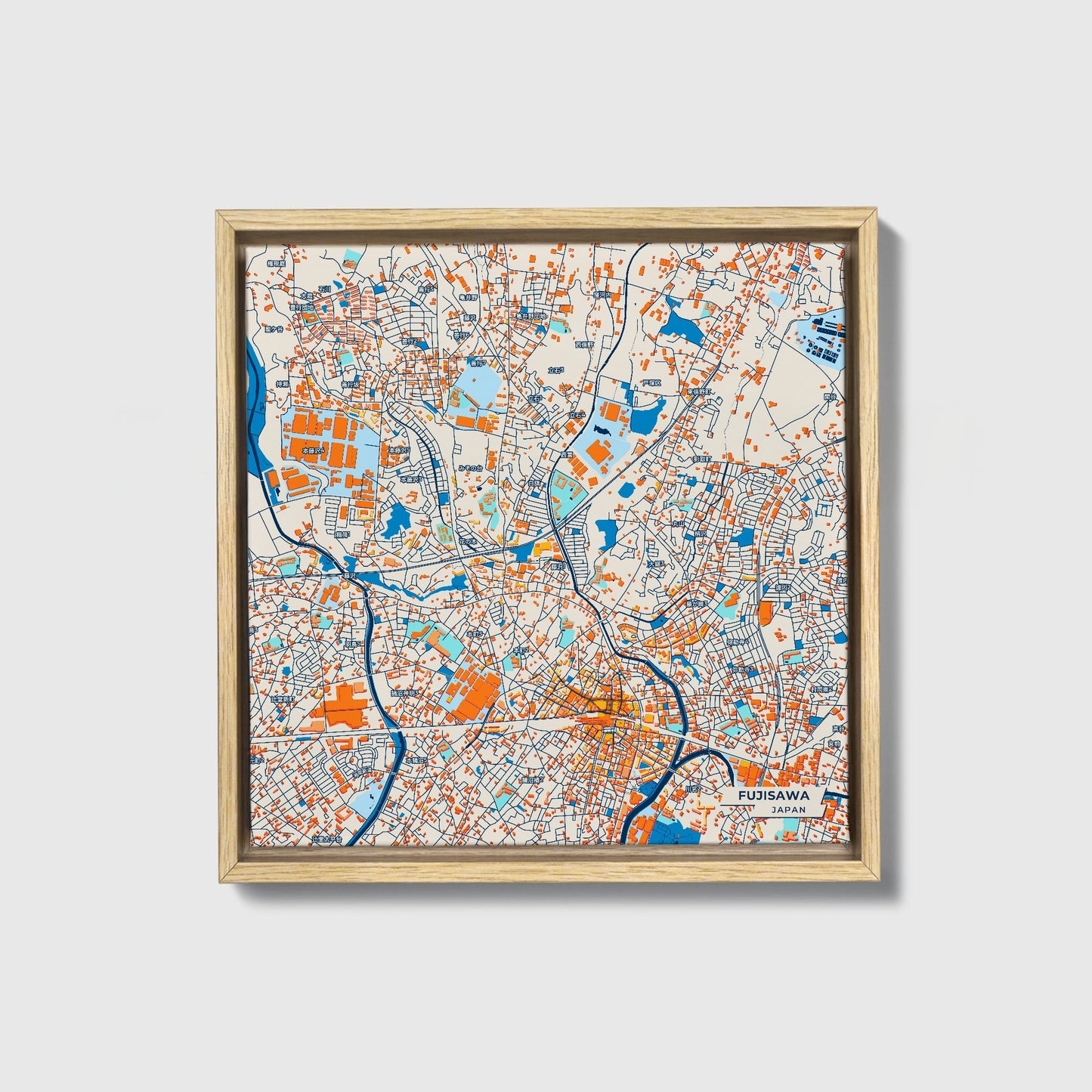 Fujisawa Japan Colorful City Map Canvas Print • Natural Wooden Framed