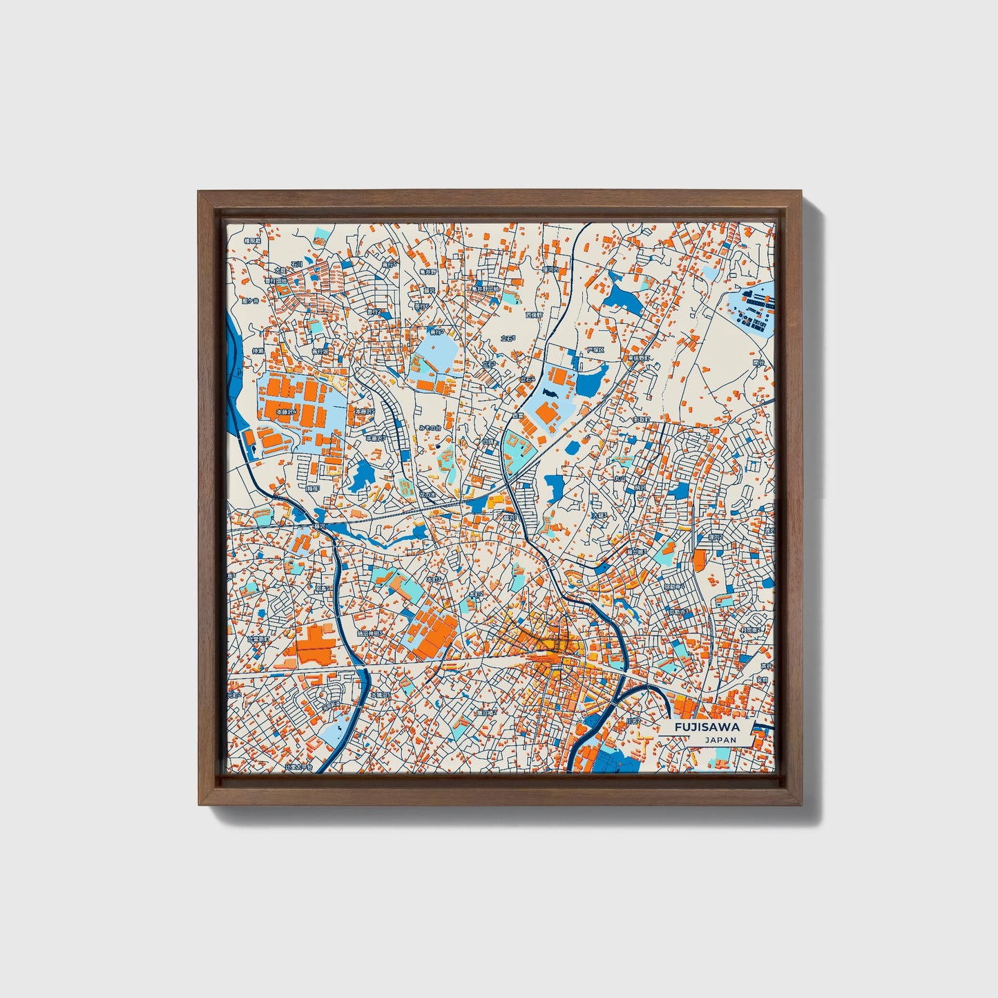 Fujisawa Japan Colorful City Map Canvas Print • Dark Wooden Framed