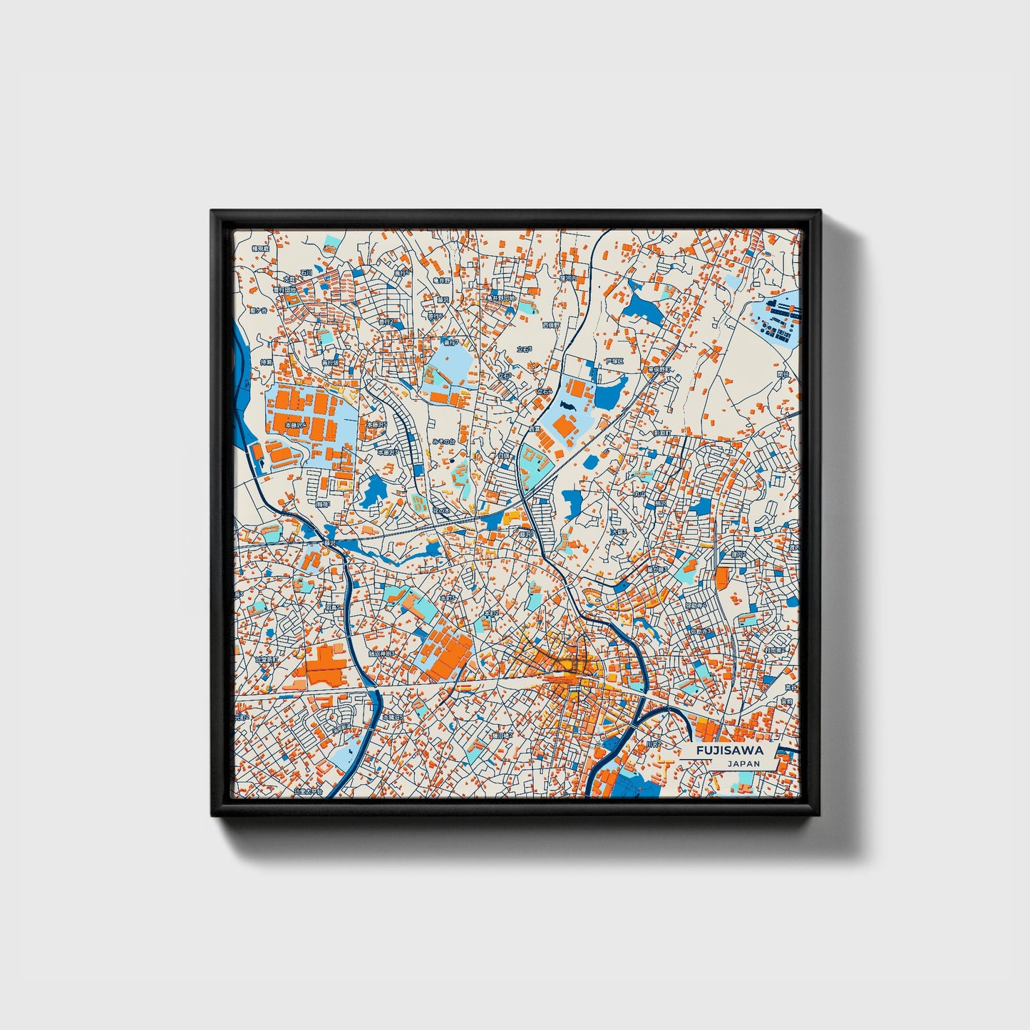 Fujisawa Japan Colorful City Map Canvas Print • Black Framed