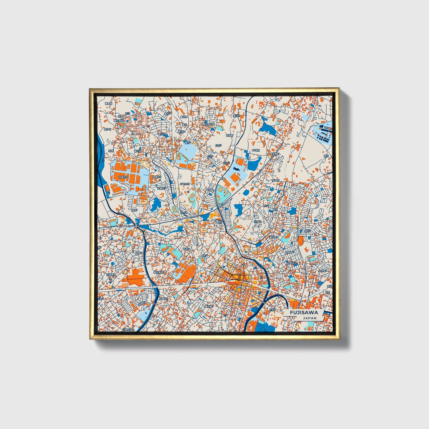 Fujisawa Japan Colorful City Map Canvas Print • Gold Framed