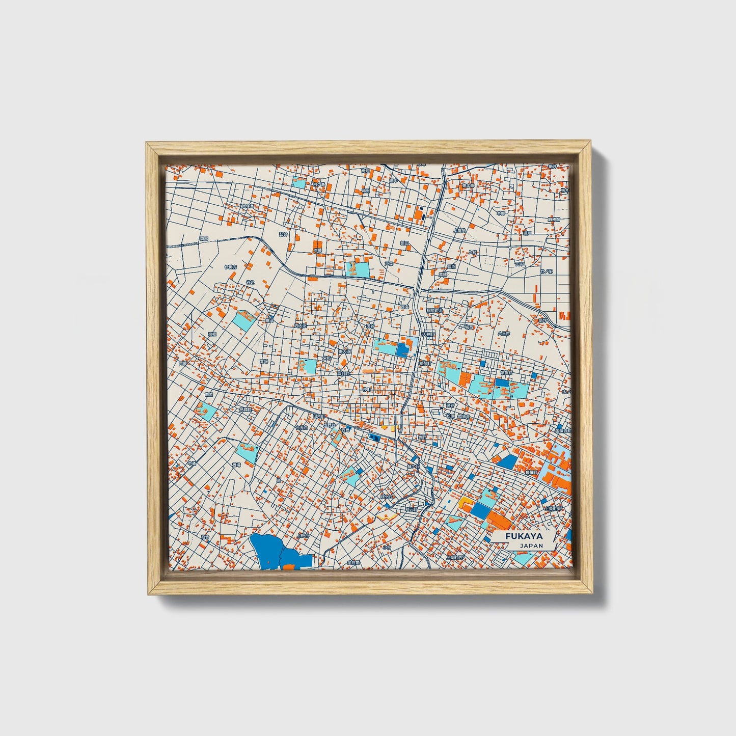 Fukaya Japan Colorful City Map Canvas Print • Natural Wooden Framed