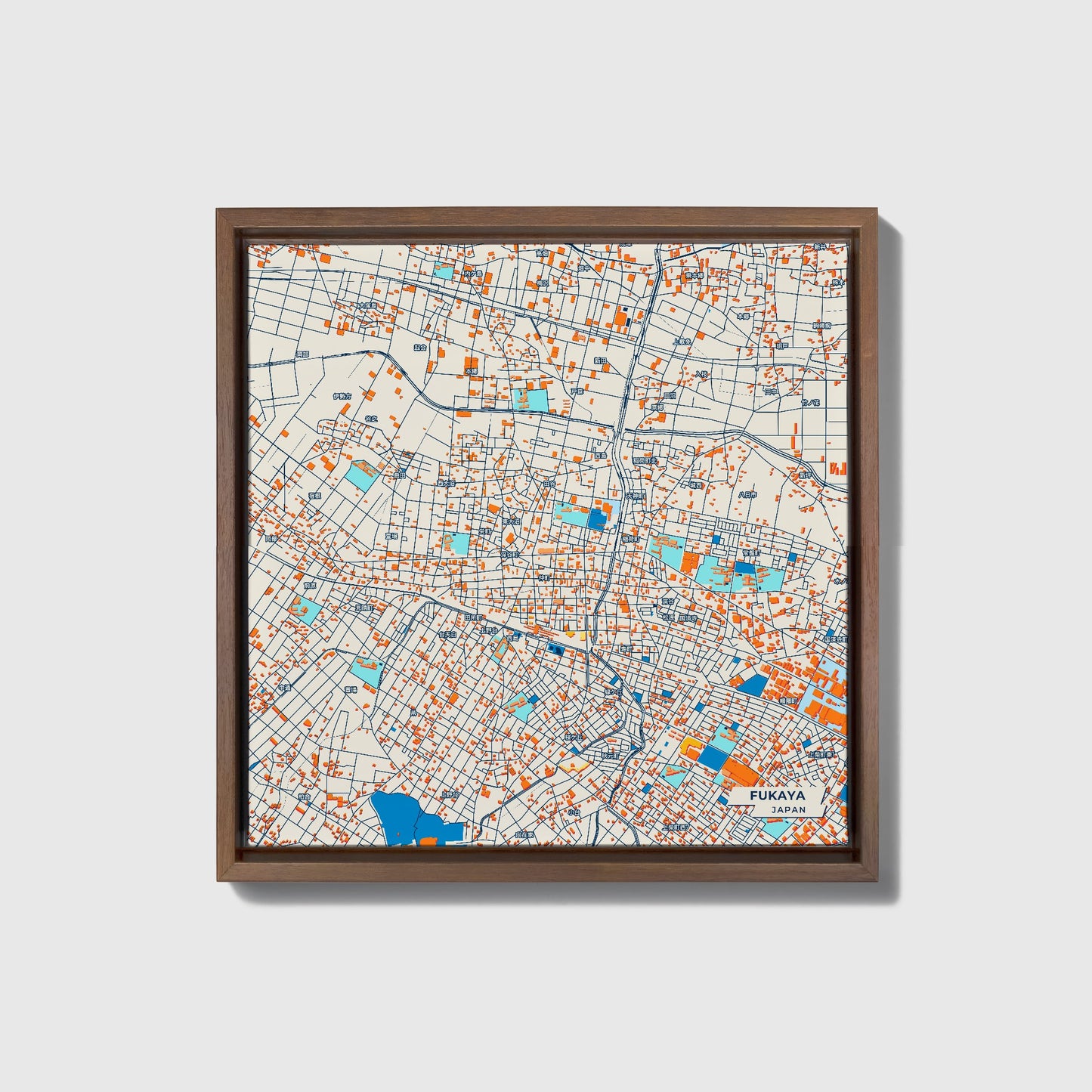 Fukaya Japan Colorful City Map Canvas Print • Dark Wooden Framed
