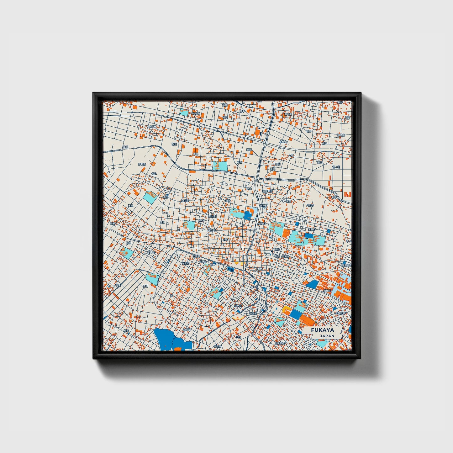 Fukaya Japan Colorful City Map Canvas Print • Black Framed