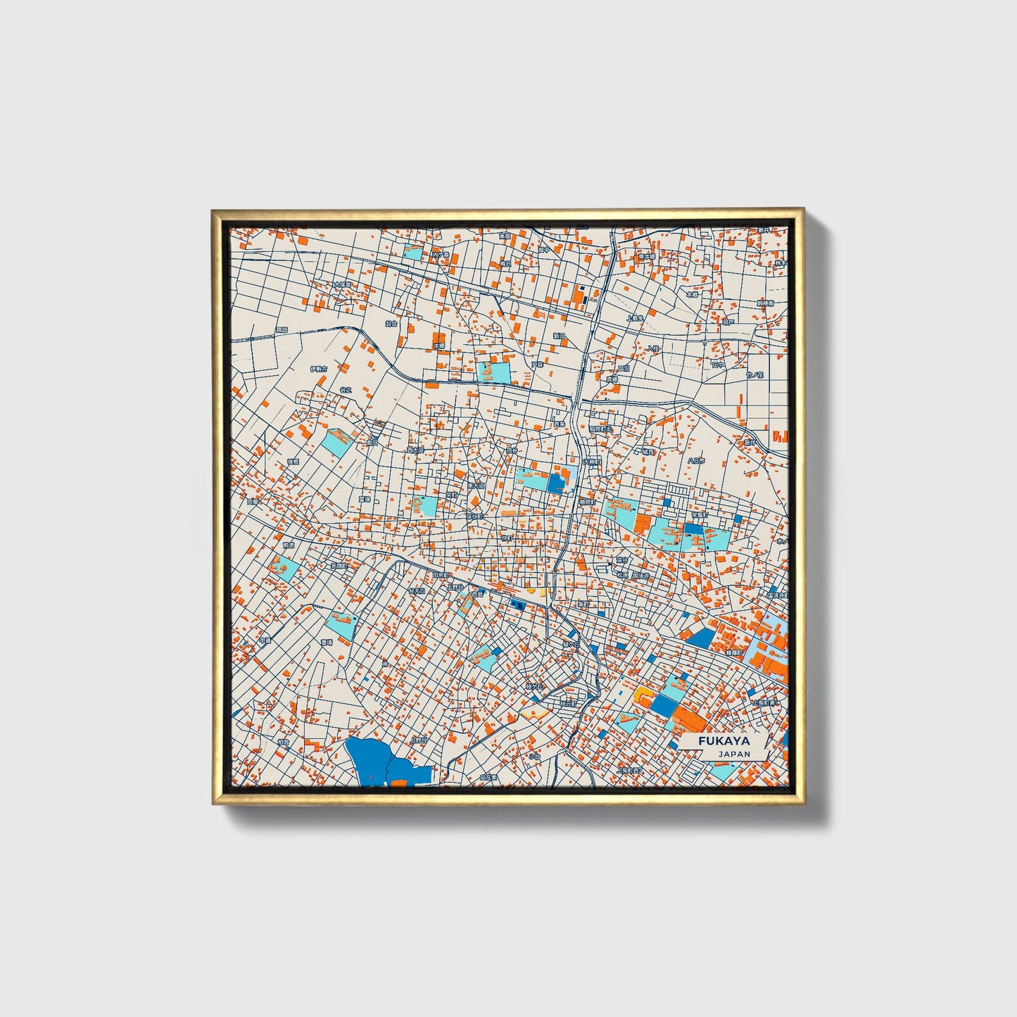 Fukaya Japan Colorful City Map Canvas Print • Gold Framed
