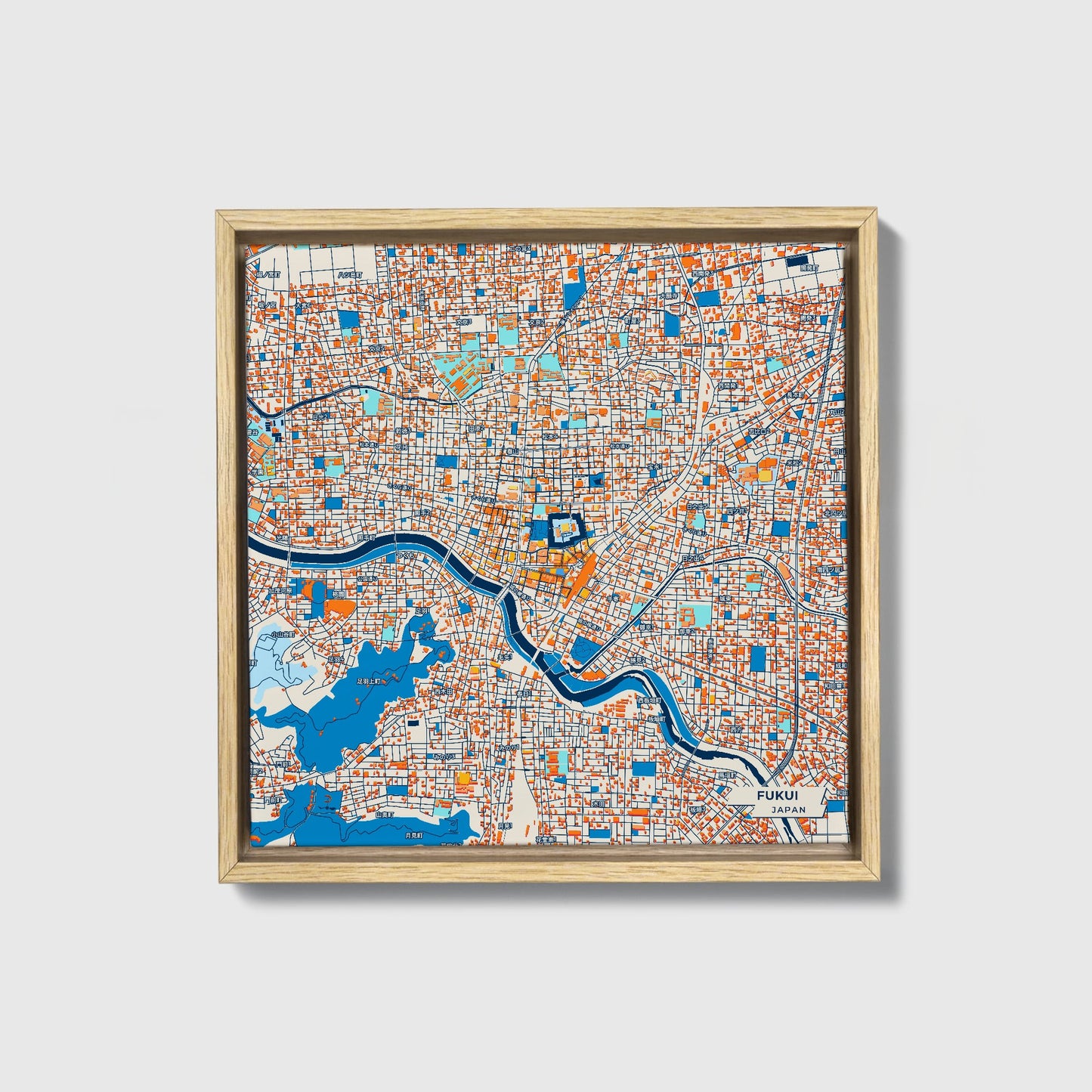 Fukui Japan Colorful City Map Canvas Print • Natural Wooden Framed
