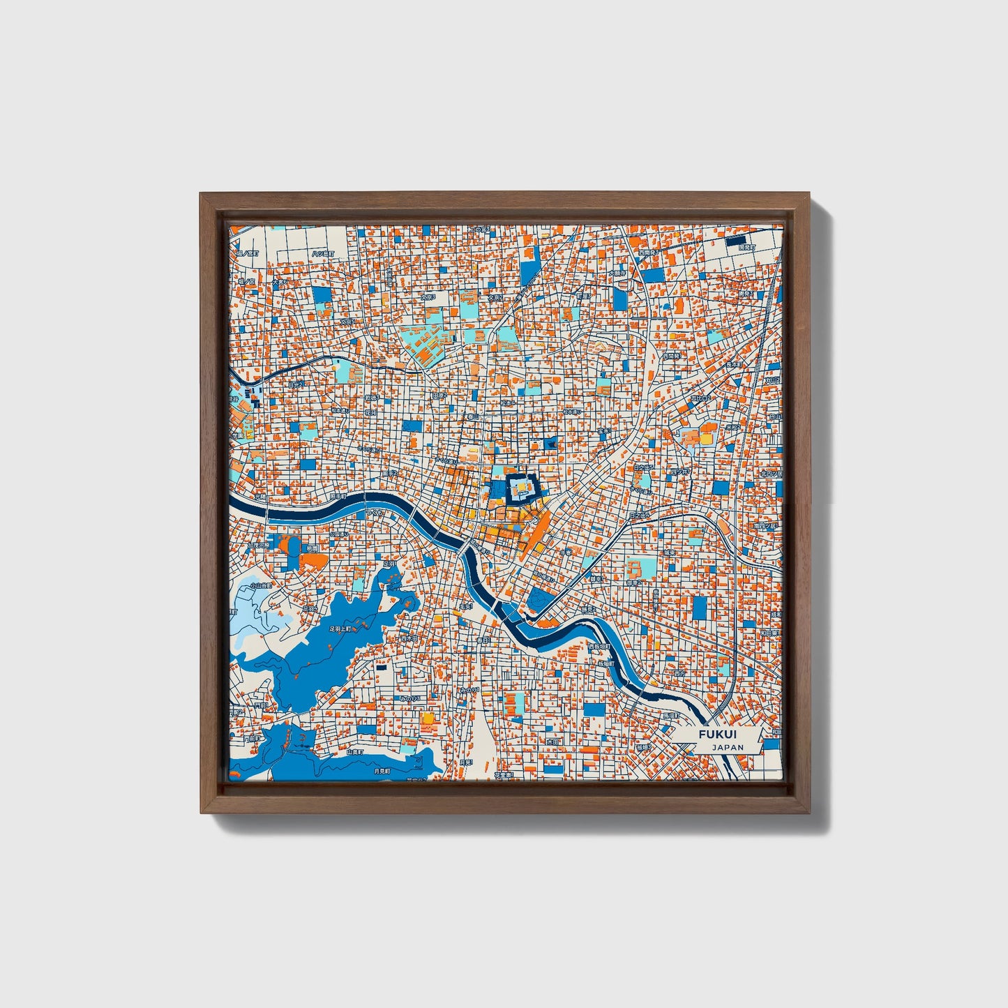 Fukui Japan Colorful City Map Canvas Print • Dark Wooden Framed