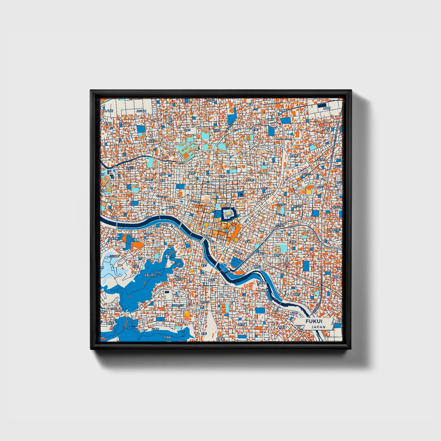 Fukui Japan Colorful City Map Canvas Print • Black Framed