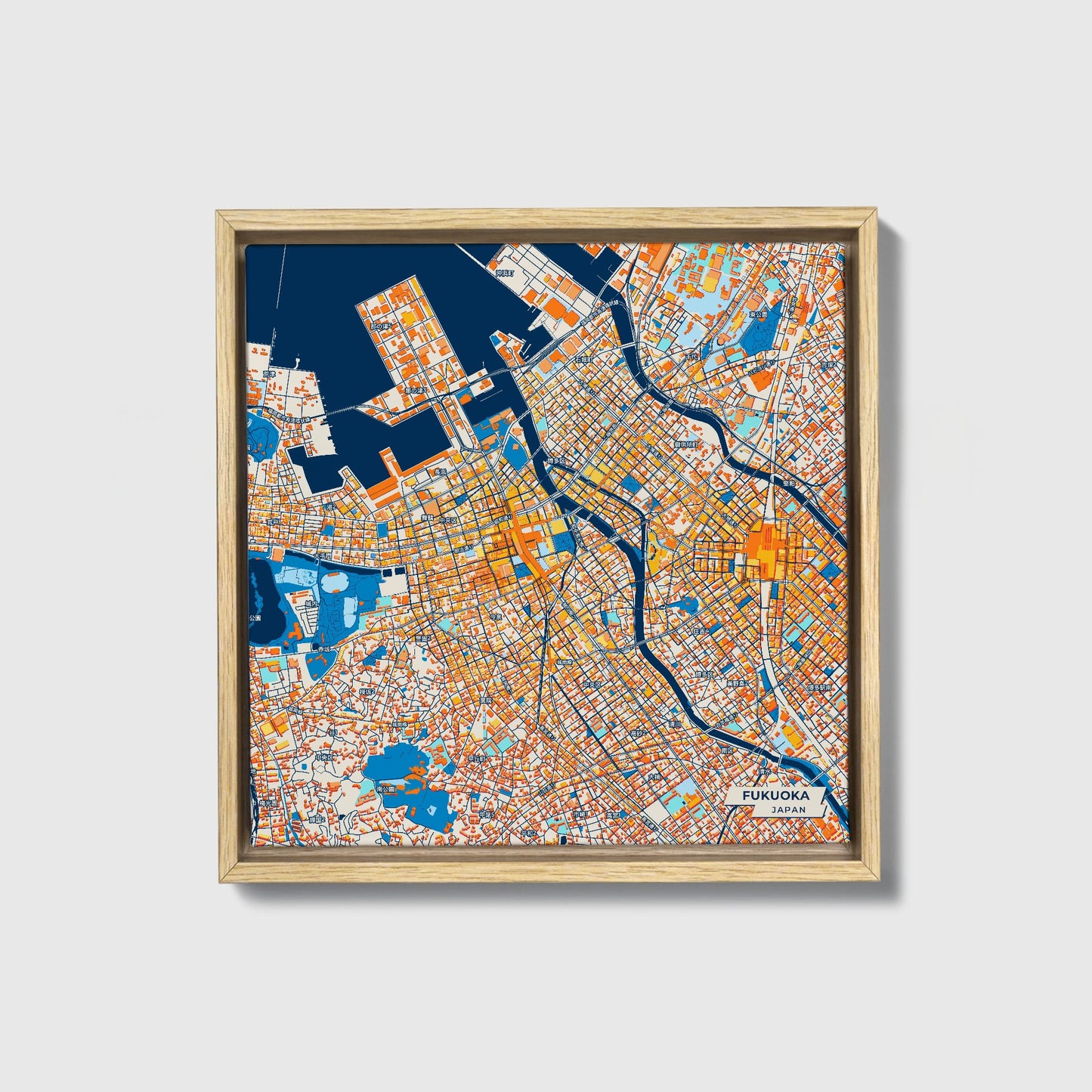Fukuoka Japan Colorful City Map Canvas Print • Natural Wooden Framed